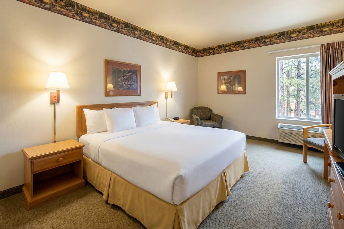 A hotel room with a large bed, two bedside lamps, a chair, a desk, and a television.