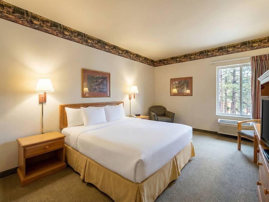 Een hotelkamer met een groot bed, twee bedlampen, een stoel, een bureau en een televisie.