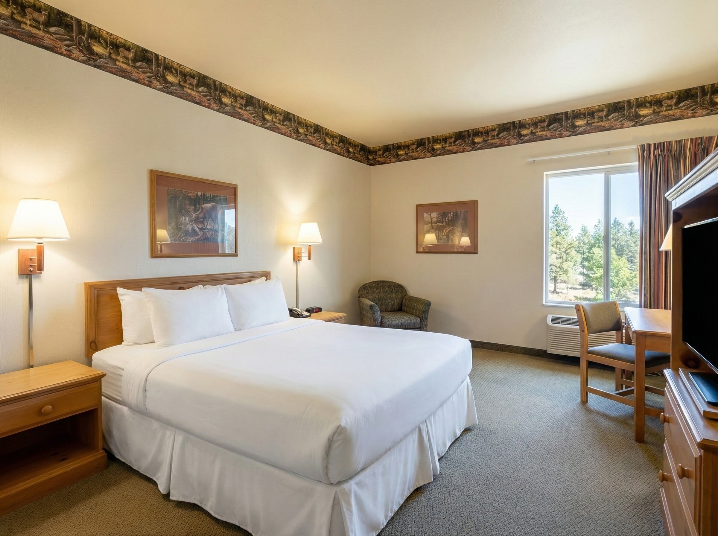 A hotel room with a large bed, two bedside lamps, a chair, a desk, and a TV.