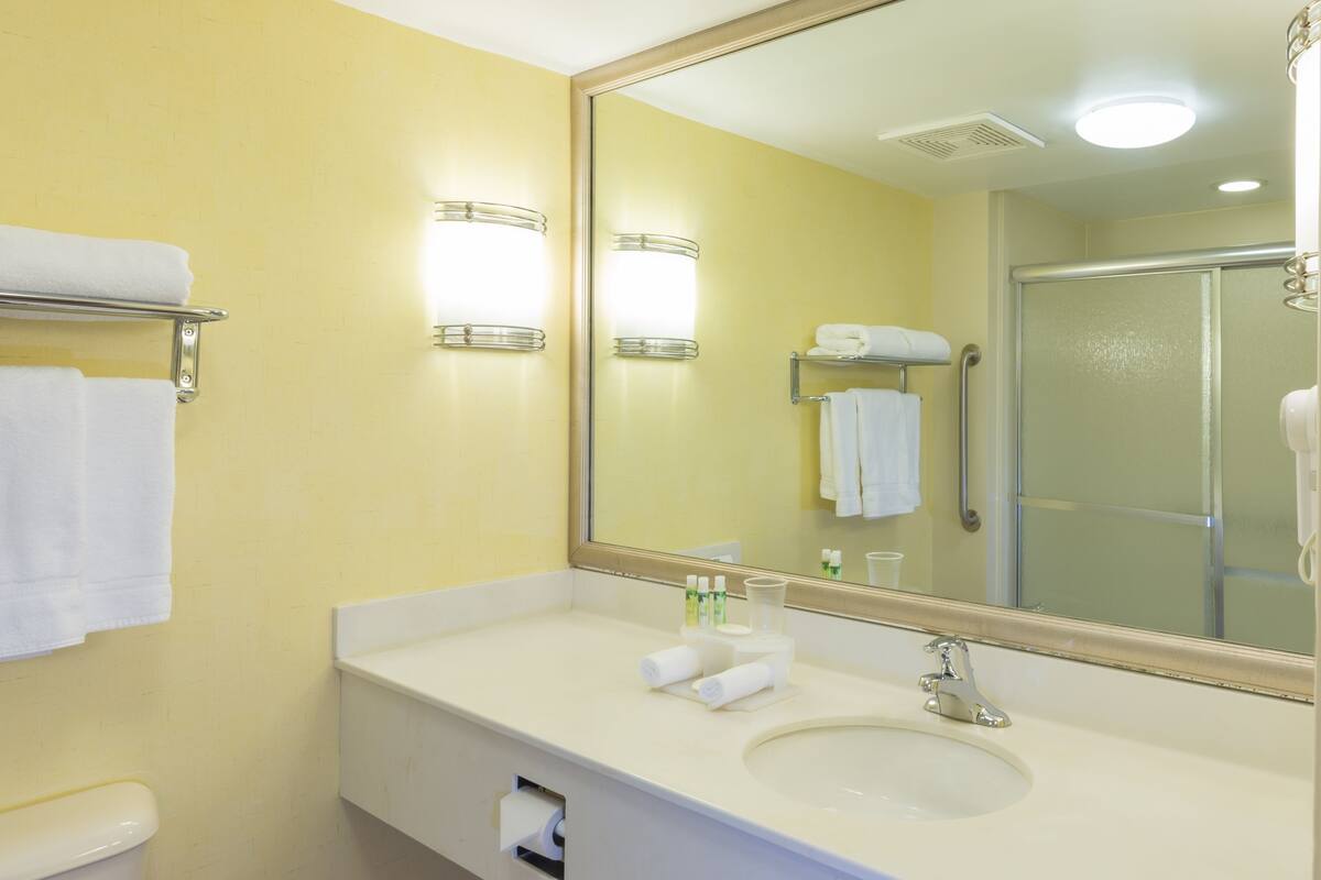 A hotel bathroom with a sink, mirror, and towel rack.
