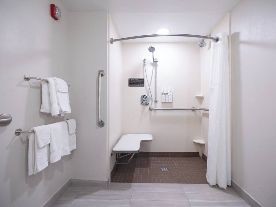 Cabina de ducha accesible en silla de ruedas, con ducha de mano, barras de apoyo y un inodoro blanco.