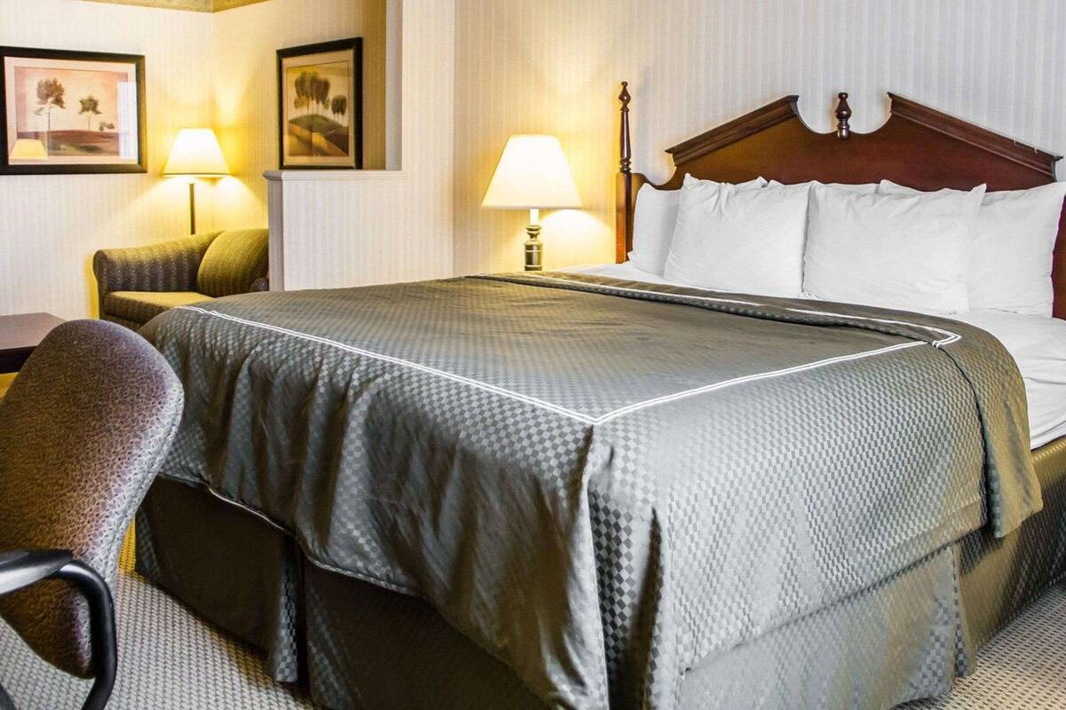 Une chambre d’hôtel avec un grand lit, deux lampes de chevet, une tête de lit en bois et une chaise.