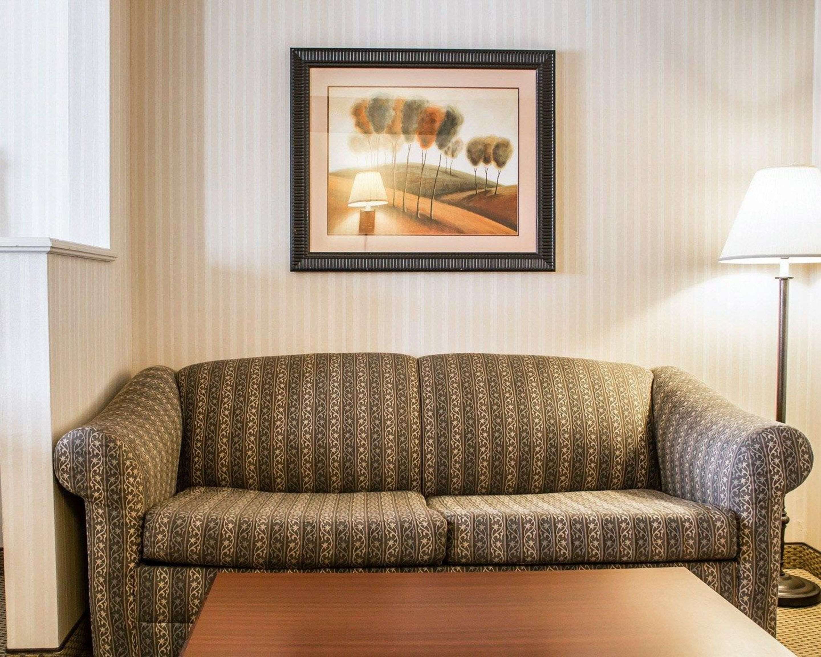 A sofa with a patterned fabric, a framed picture on the wall, and a lamp to the right.