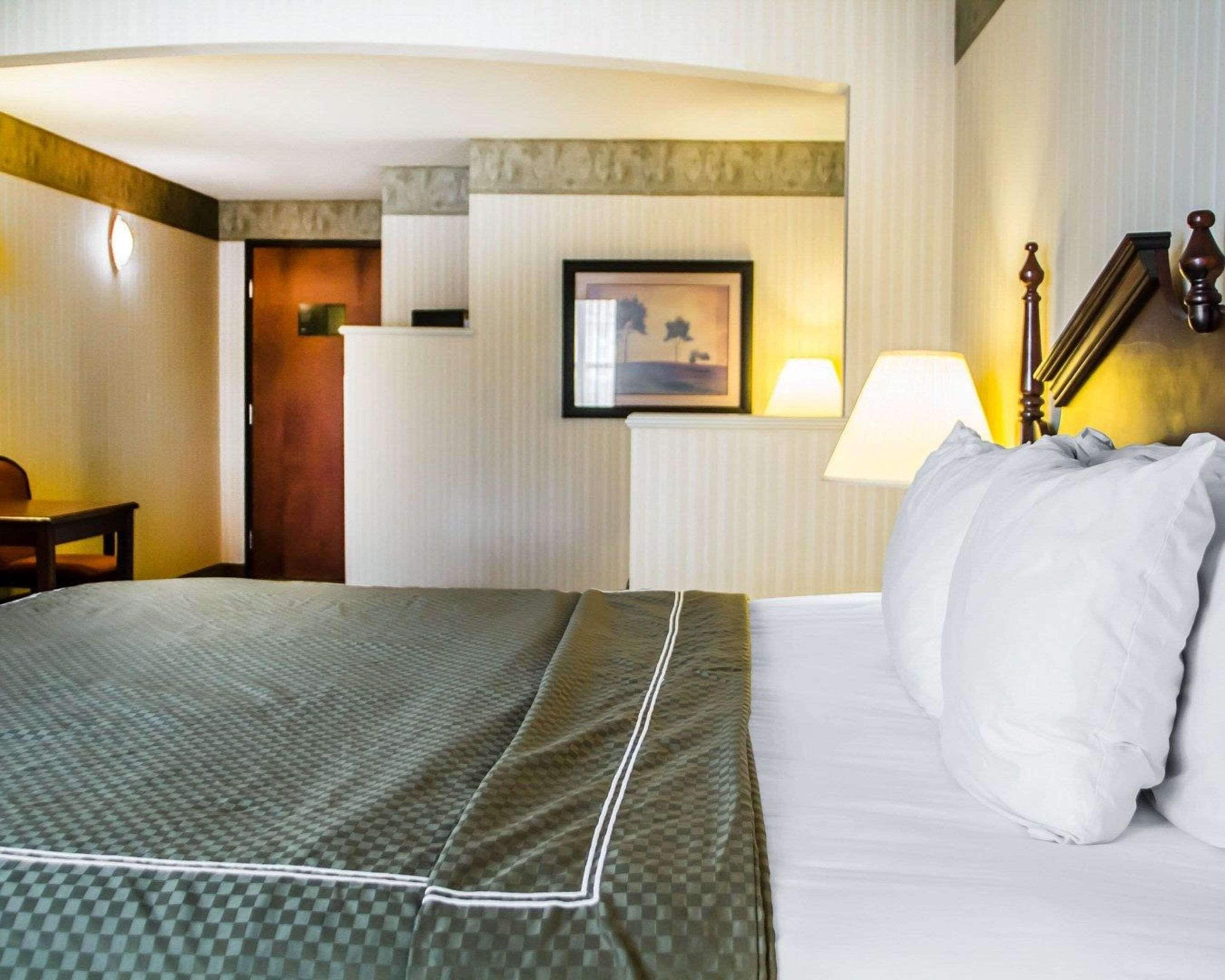 A hotel room with a bed, a desk, a chair, a lamp, and a framed picture on the wall.
