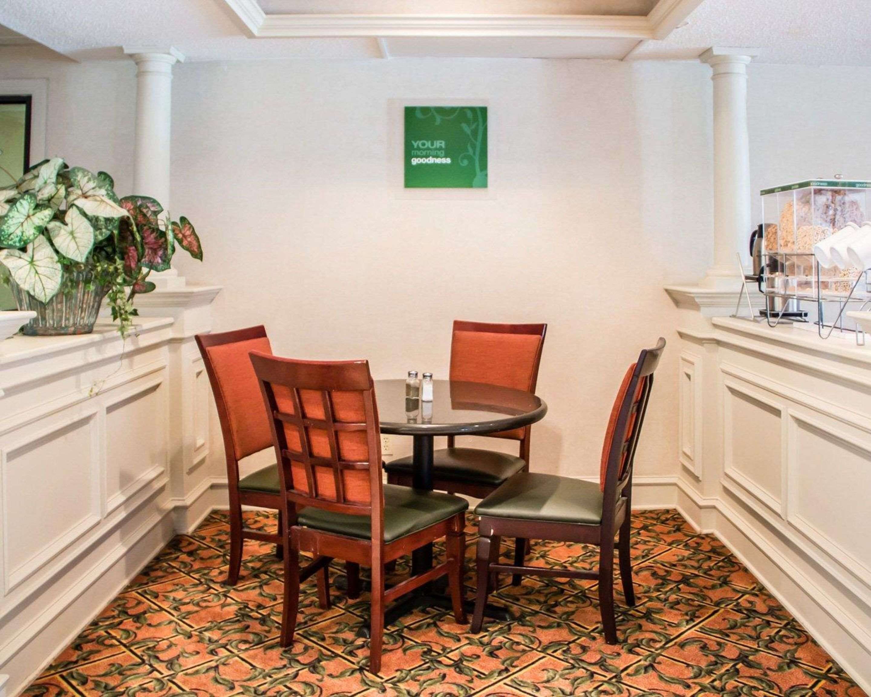Un coin repas avec une table ronde et quatre chaises, un panneau vert sur le mur et une plante sur la gauche.