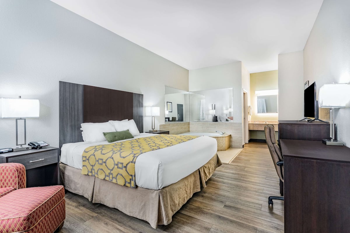 Une chambre d’hôtel comprenant un lit, une table de chevet, une chaise, un bureau et un grand miroir.