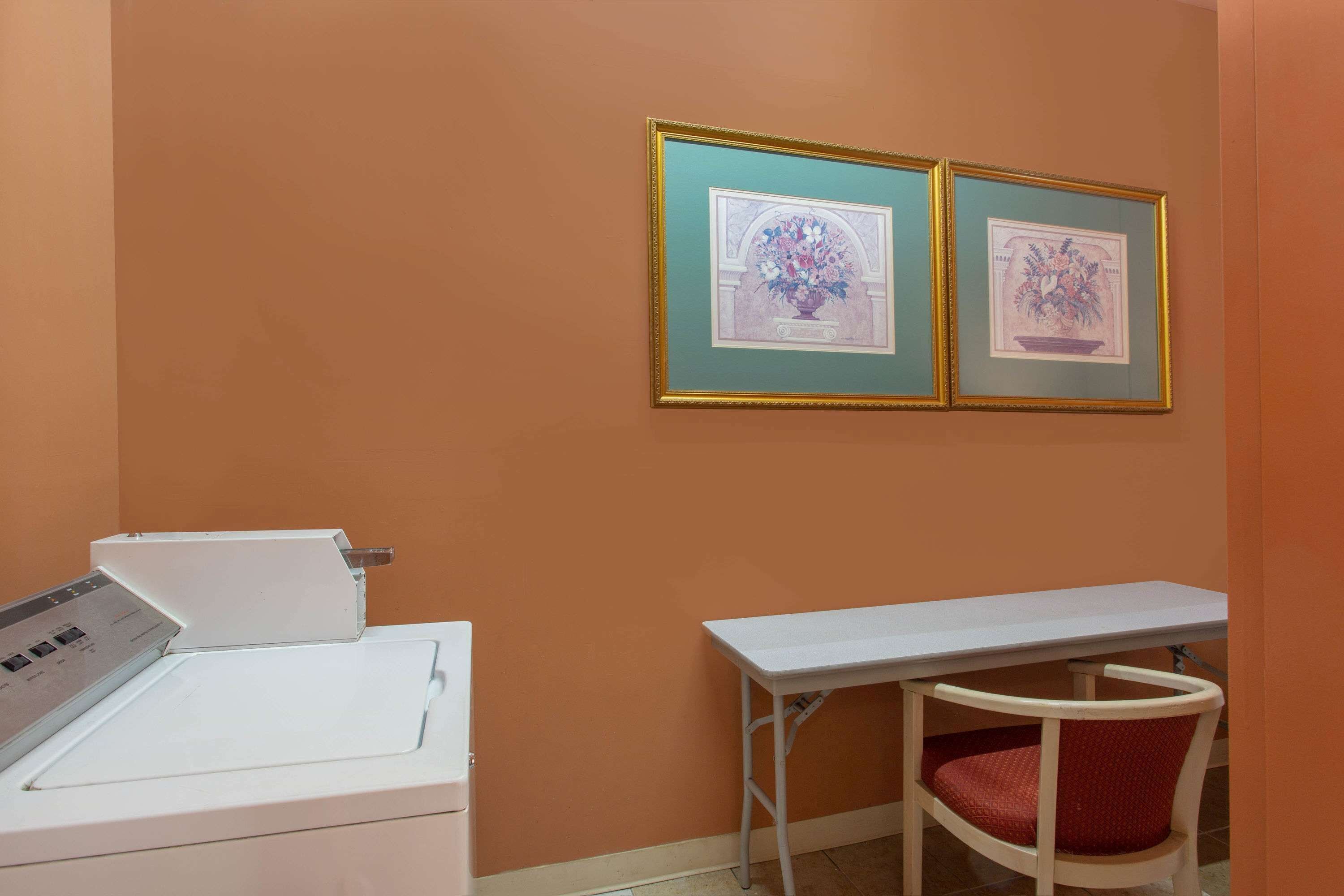 A room with a white desk, a red chair, and two framed floral artworks on the wall.