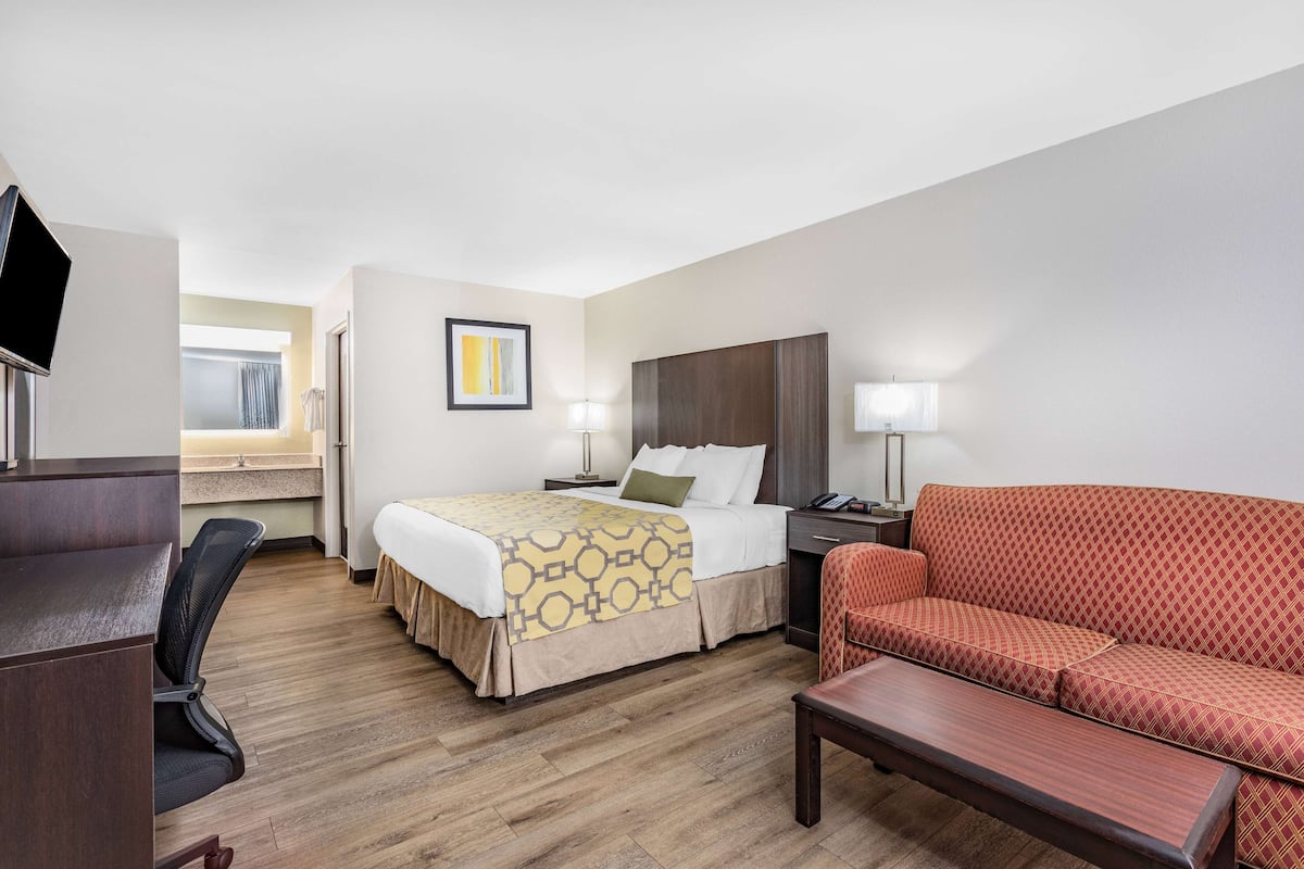 Une chambre d’hôtel équipée d’un lit, d’un canapé, d’un bureau, d’une chaise et d’une télévision.