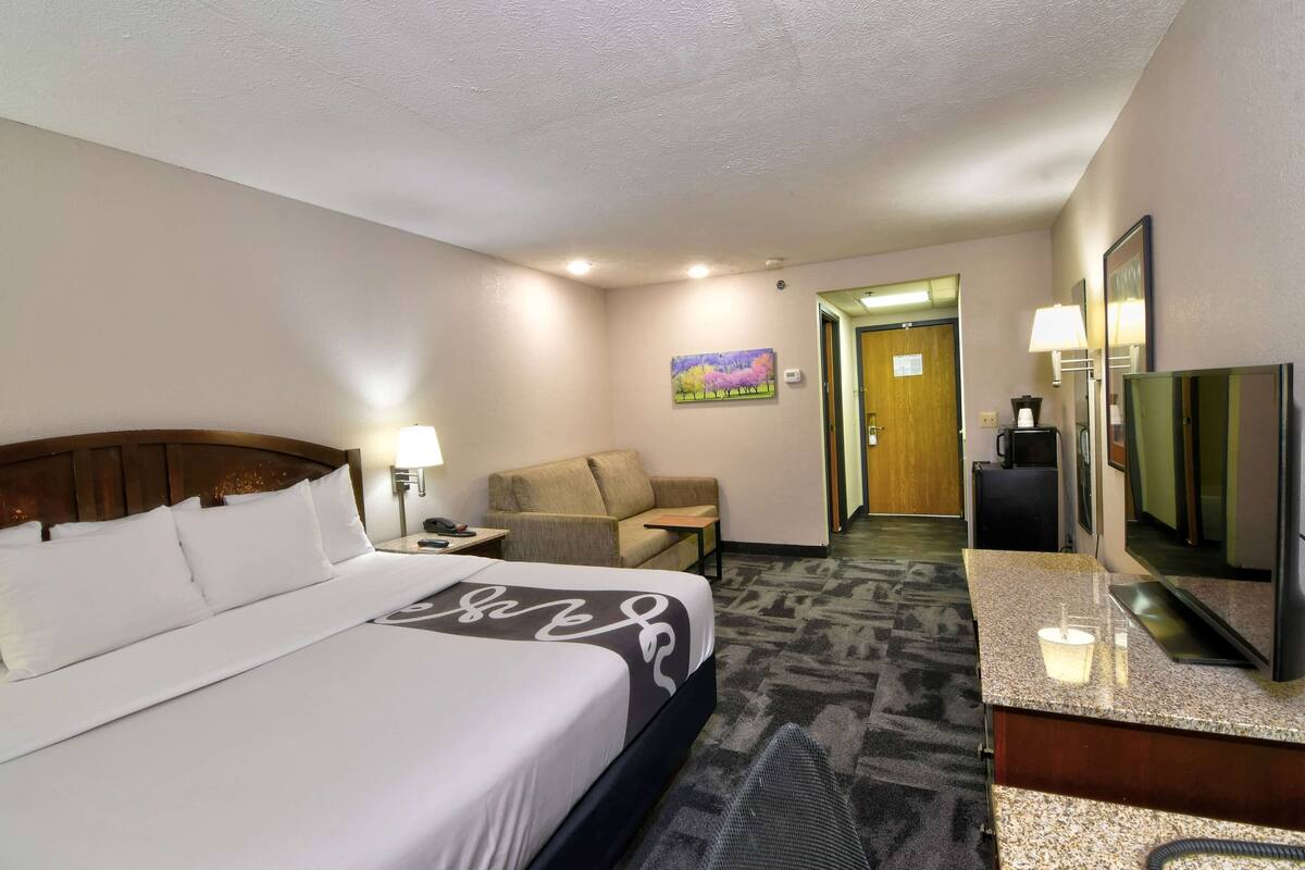 A hotel room with a bed, a sofa, a desk, a television, and a painting on the wall.