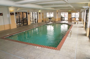 Indoor pool, open 9:00 AM to 10:00 PM, sun loungers