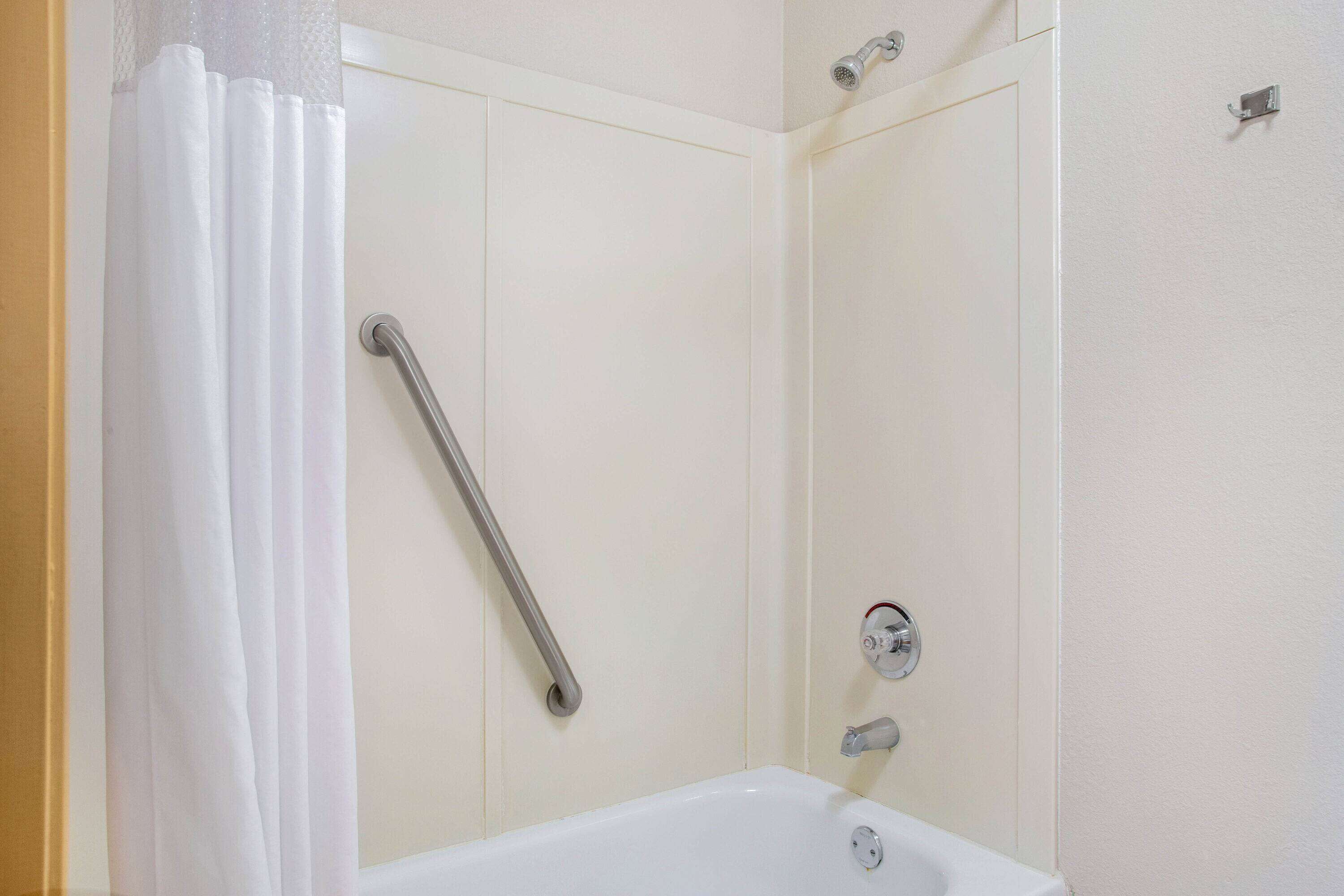 combined shower/bathtub, free toiletries, hair dryer, towels