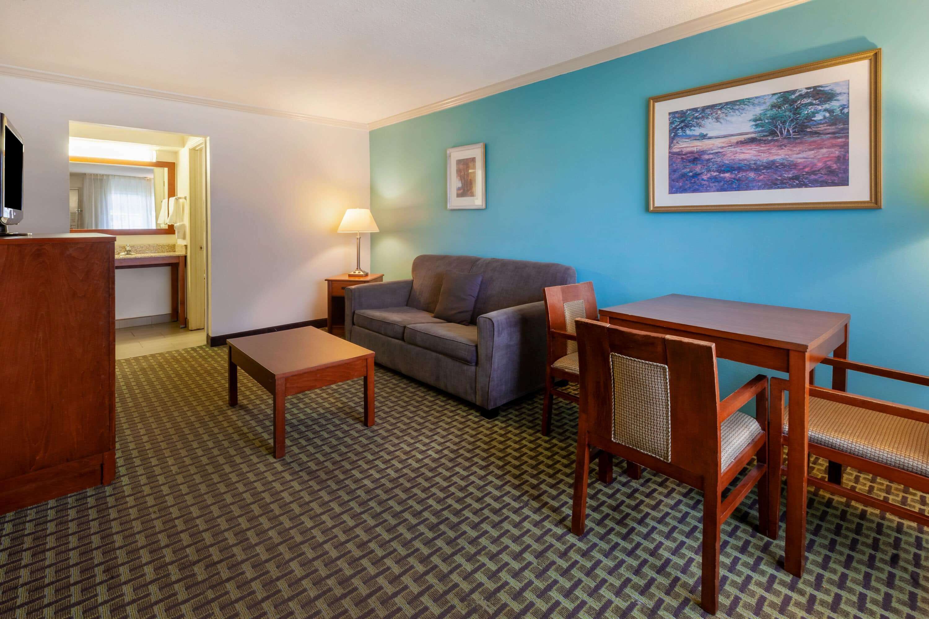 A hotel room with a sofa, a wooden table, a chair, a TV, a lamp, a framed picture, and a carpeted floor.