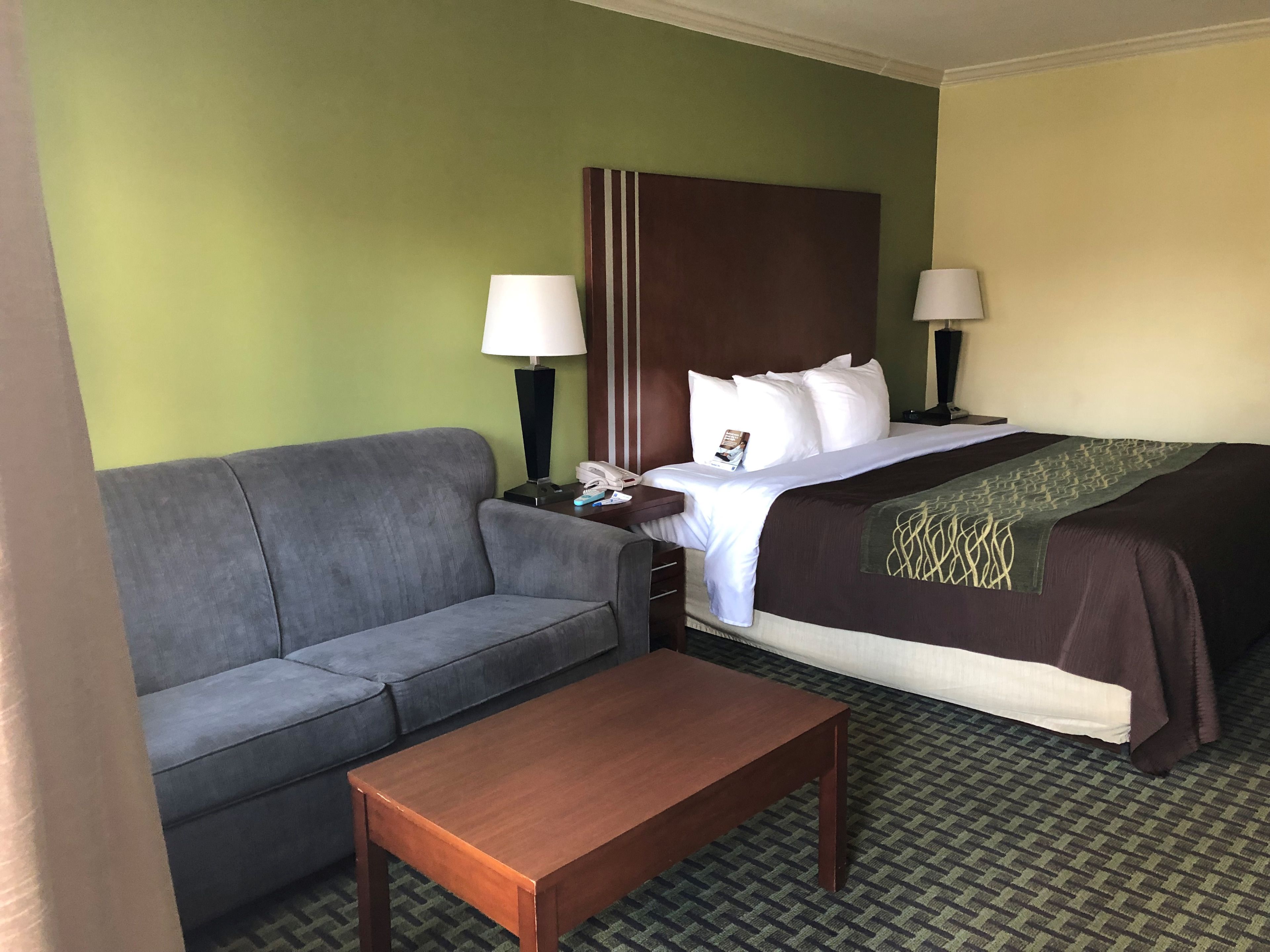 Una habitación de hotel con una cama, un sofá gris, una mesa de madera y dos lámparas de noche.