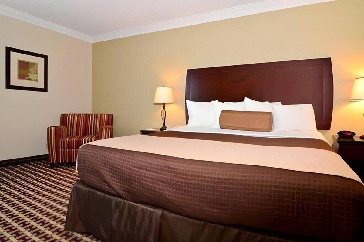 Habitación de hotel con una cama grande, un sillón a rayas, una mesita de noche con lámpara y un cuadro en la pared.