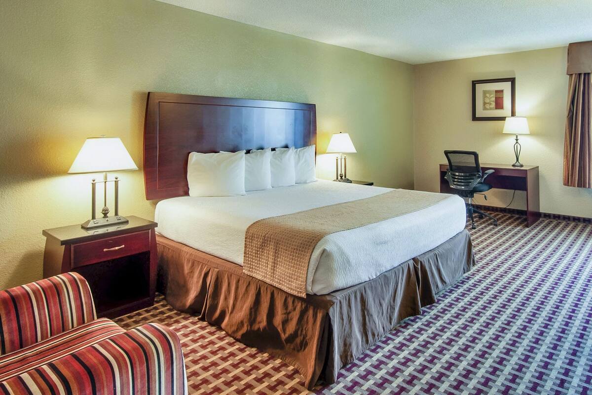 Habitación de hotel con una cama grande, dos mesitas de noche con lámparas, un escritorio con una silla y una alfombra estampada.