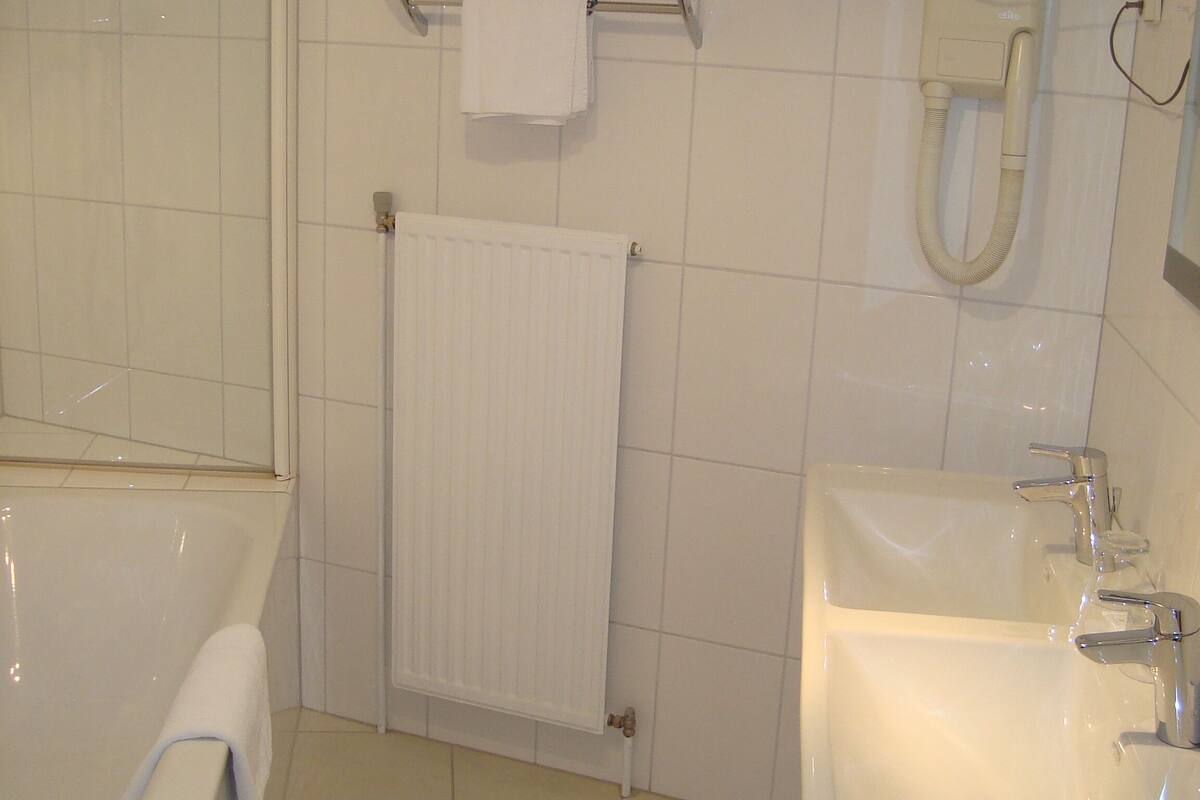 standard double room | bathroom | shower, free toiletries, hair dryer, towels