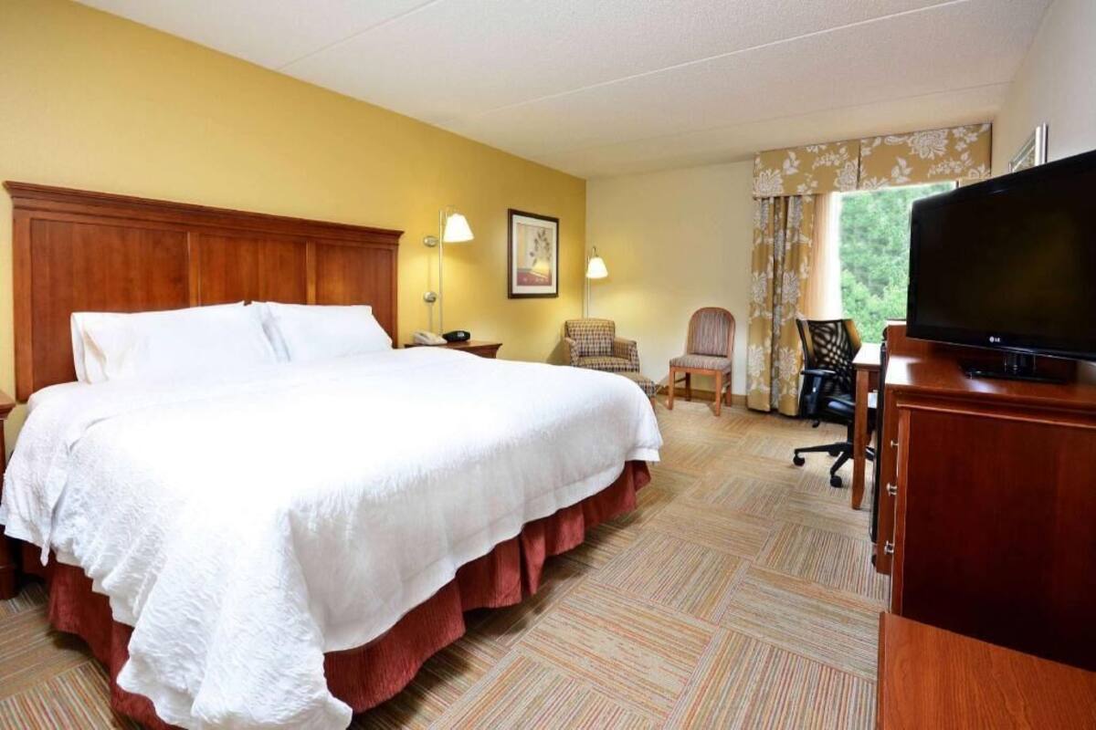 A hotel room with a large bed, a television, a desk, and a chair.