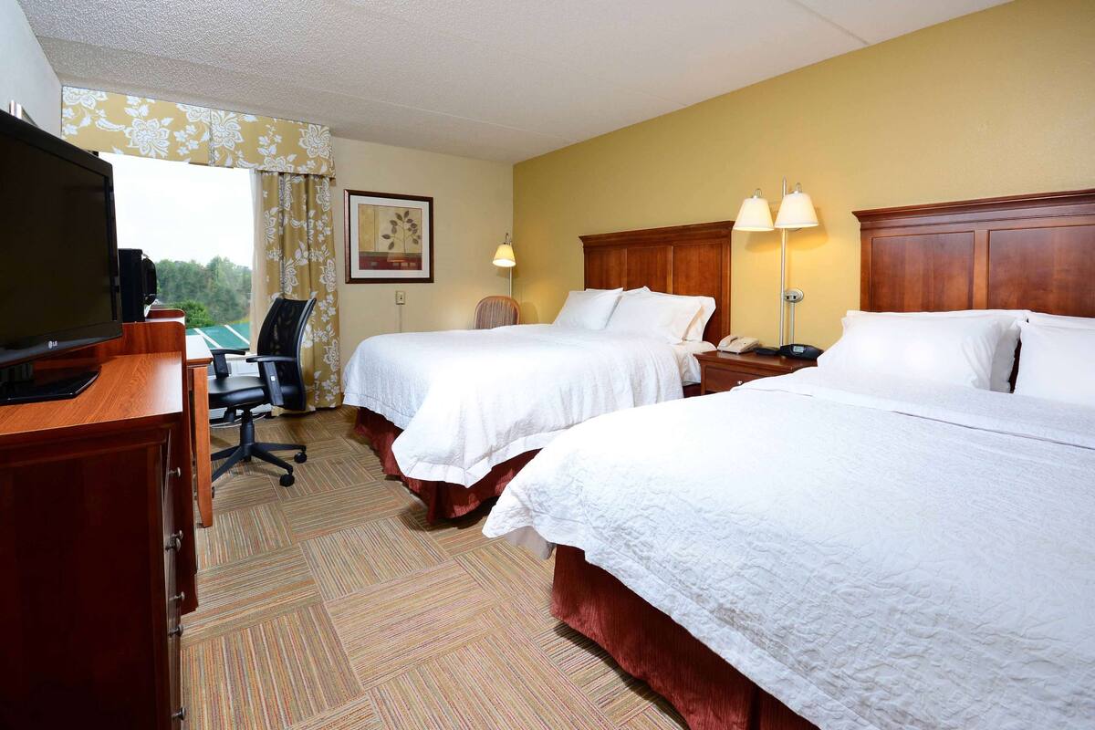 A hotel room with two beds, a desk with a television, a chair, a lamp, and a framed picture on the wall.