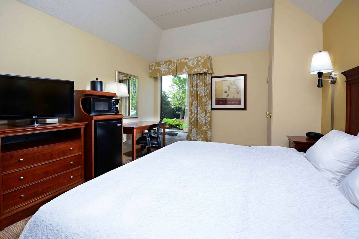 A hotel room with a bed, TV, microwave, and a desk with a chair.