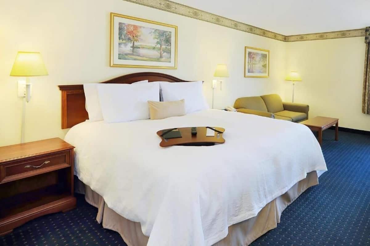 A hotel room with a large bed, a bedside table, a chair, and two wall-mounted lamps.