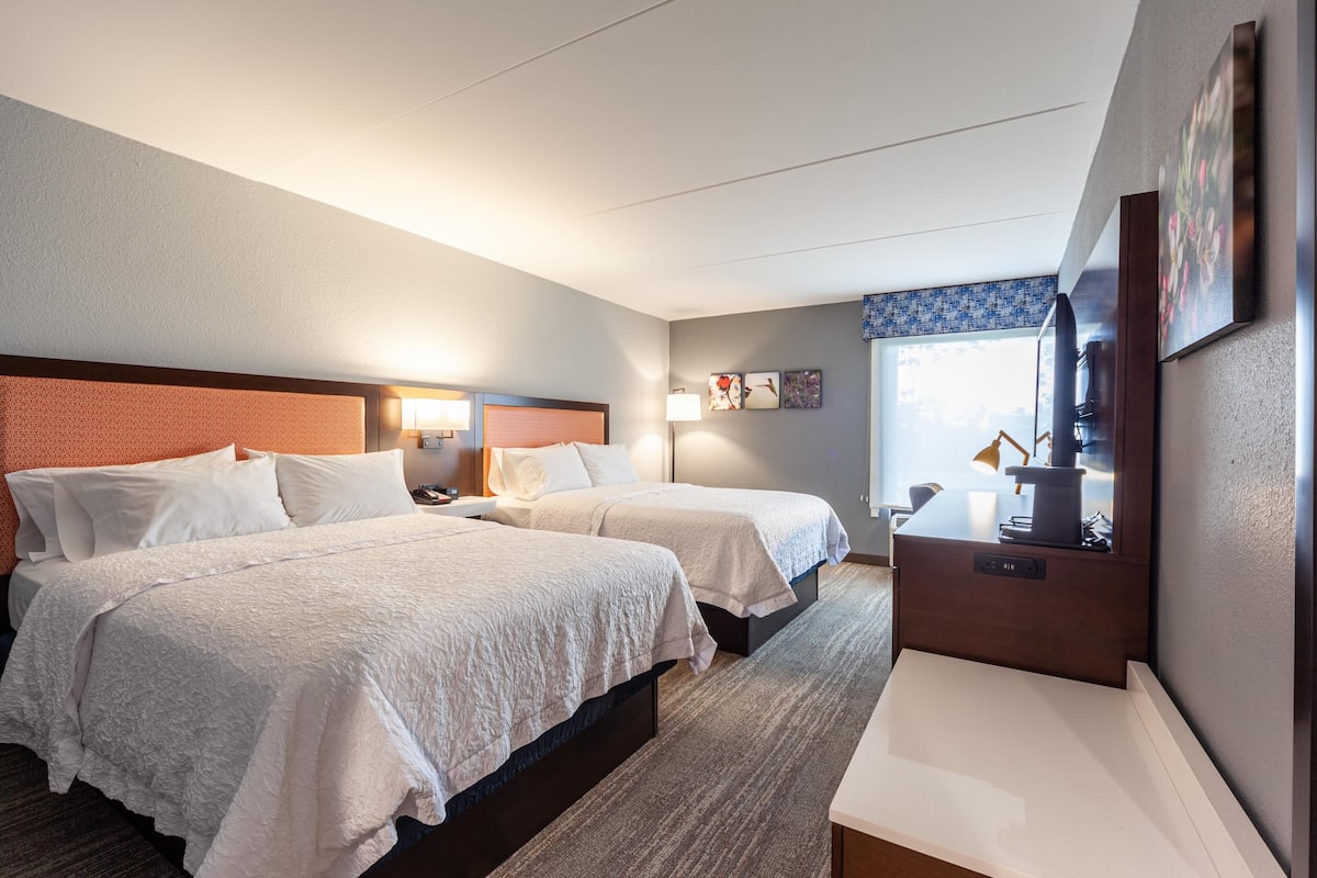 A hotel room with two beds, a desk, a lamp, and a window with a view.