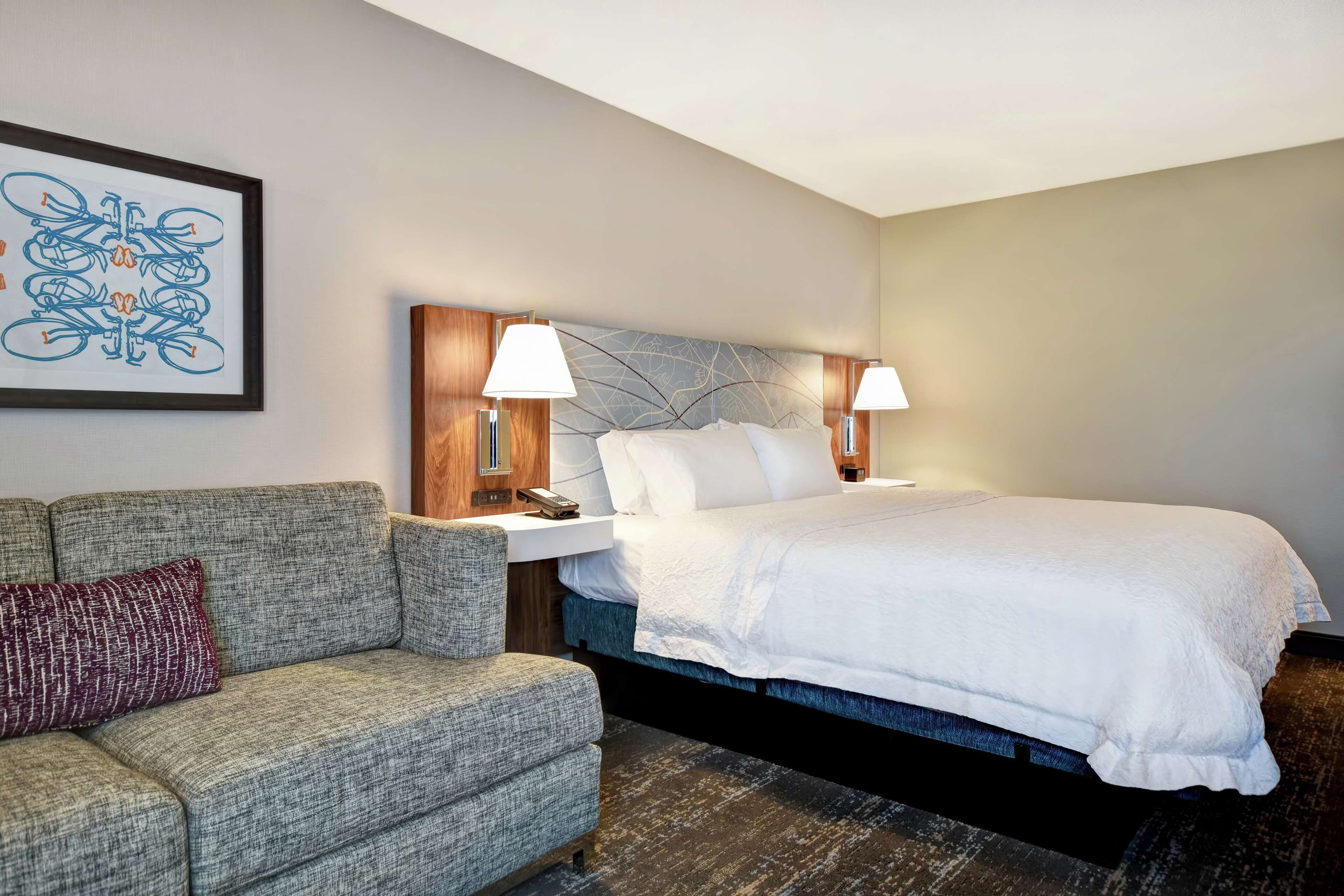 Una habitación de hotel con cama, sofá, dos lámparas de noche, una obra de arte enmarcada y un cabecero de madera.