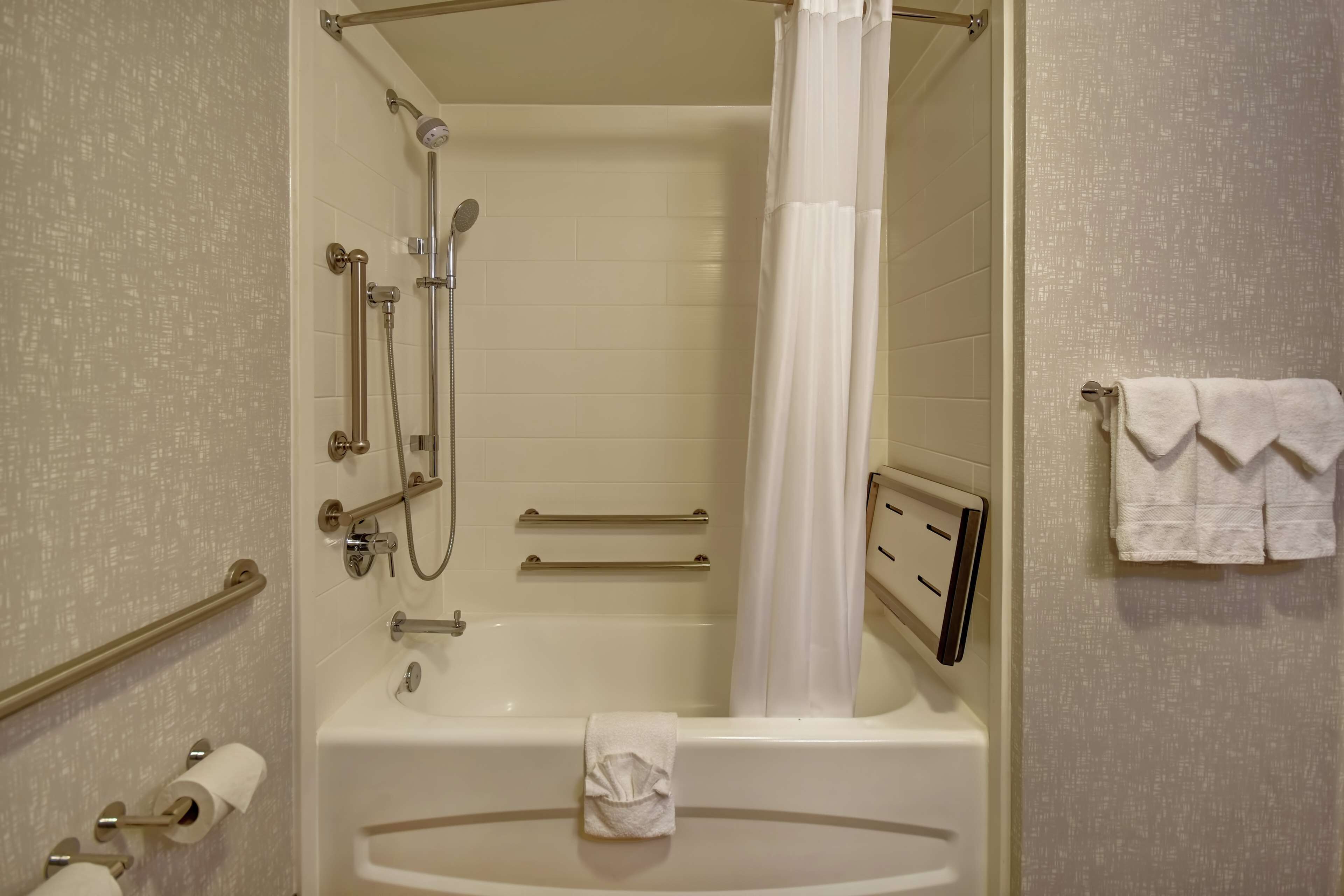 combined shower/bathtub, free toiletries, hair dryer, towels