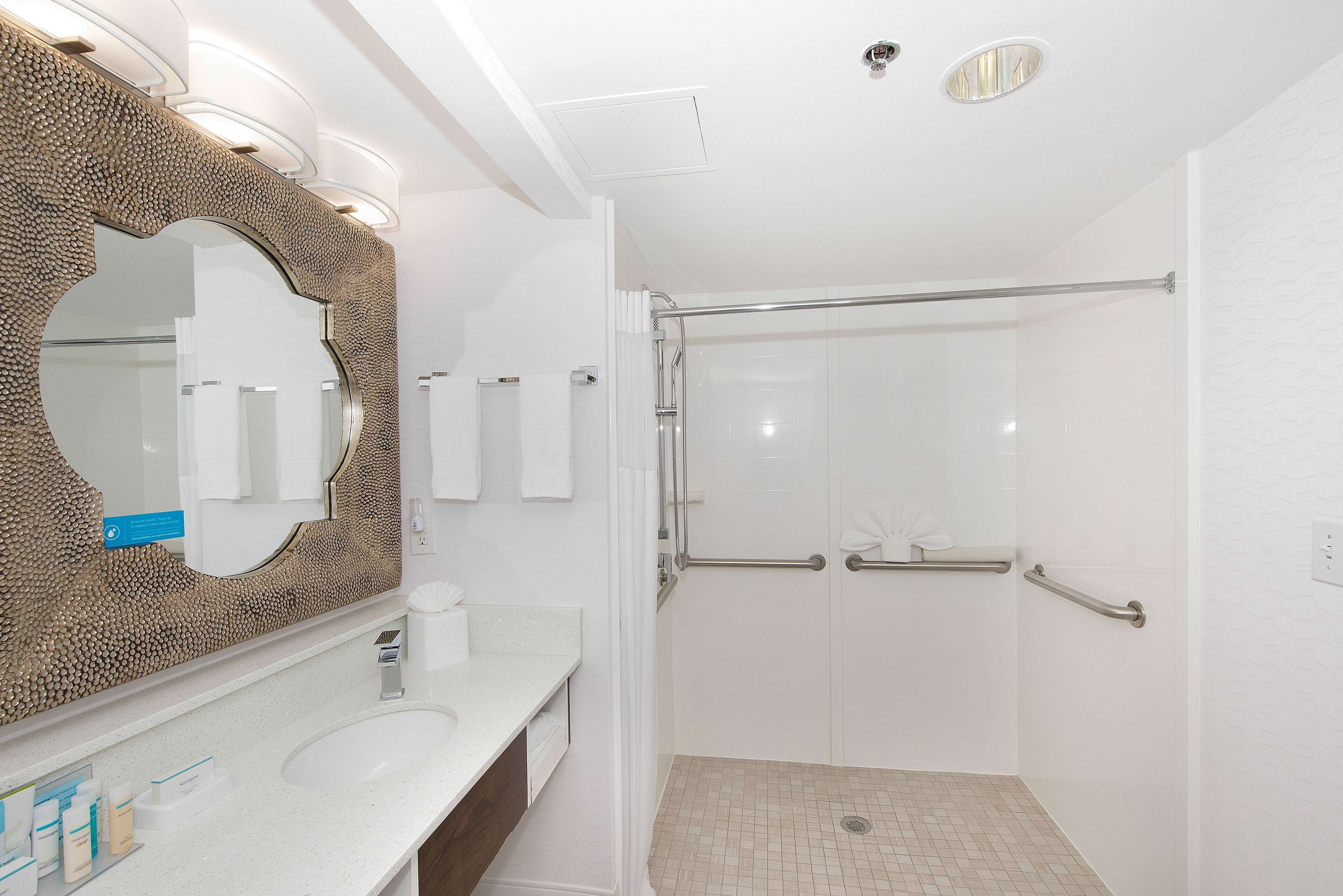 A modern bathroom with a large mirror, a sink, and a walk-in shower with handrails.
