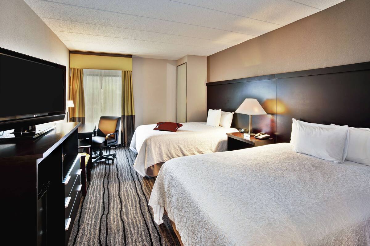 A hotel room with two beds, a desk with a television, a chair, and a lamp.