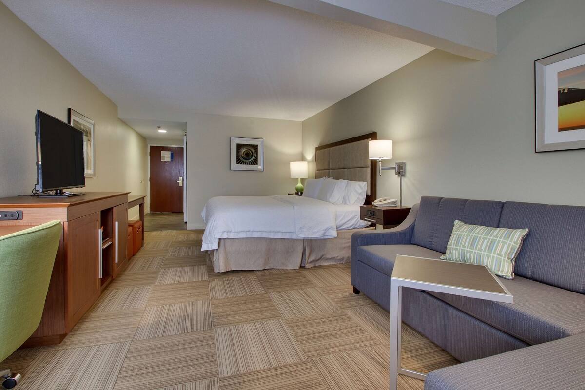 A hotel room with a bed, a sofa, a desk, and a television.