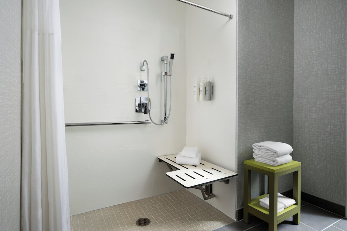 combined shower/bathtub, designer toiletries, hair dryer, towels
