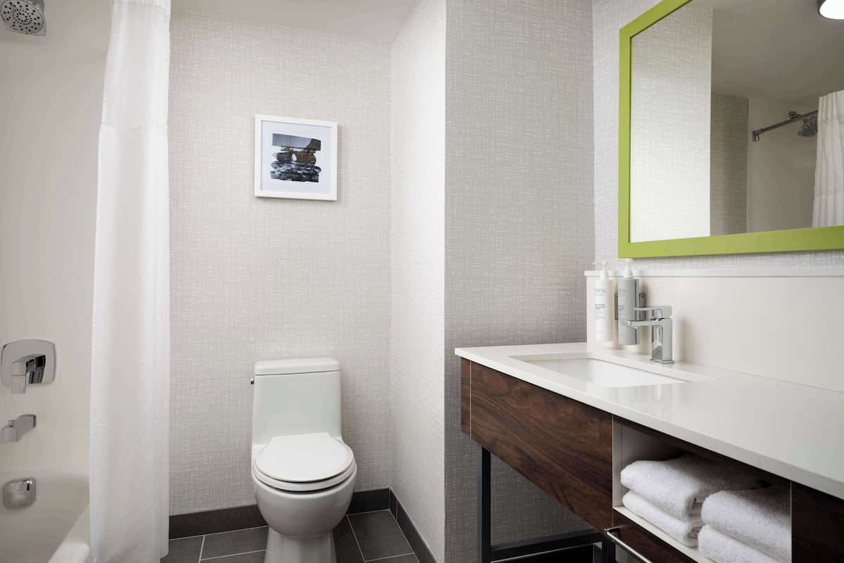 combined shower/bathtub, designer toiletries, hair dryer, towels