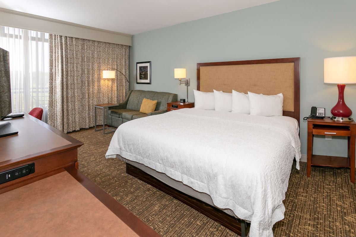 Een hotelkamer met een groot bed, een bureau, een stoel, een bank en twee lampen.