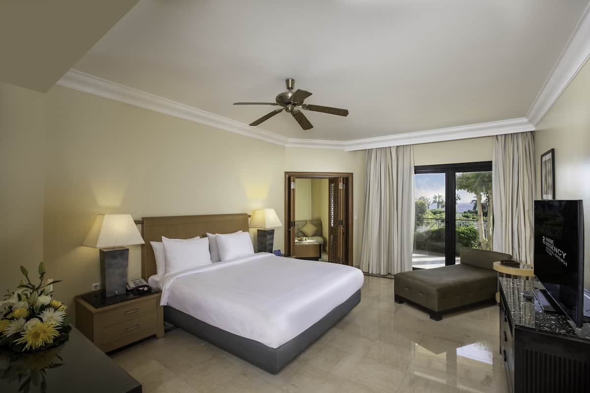 A hotel room with a large bed, a ceiling fan, a television, and a view of the outdoors through a sliding door.