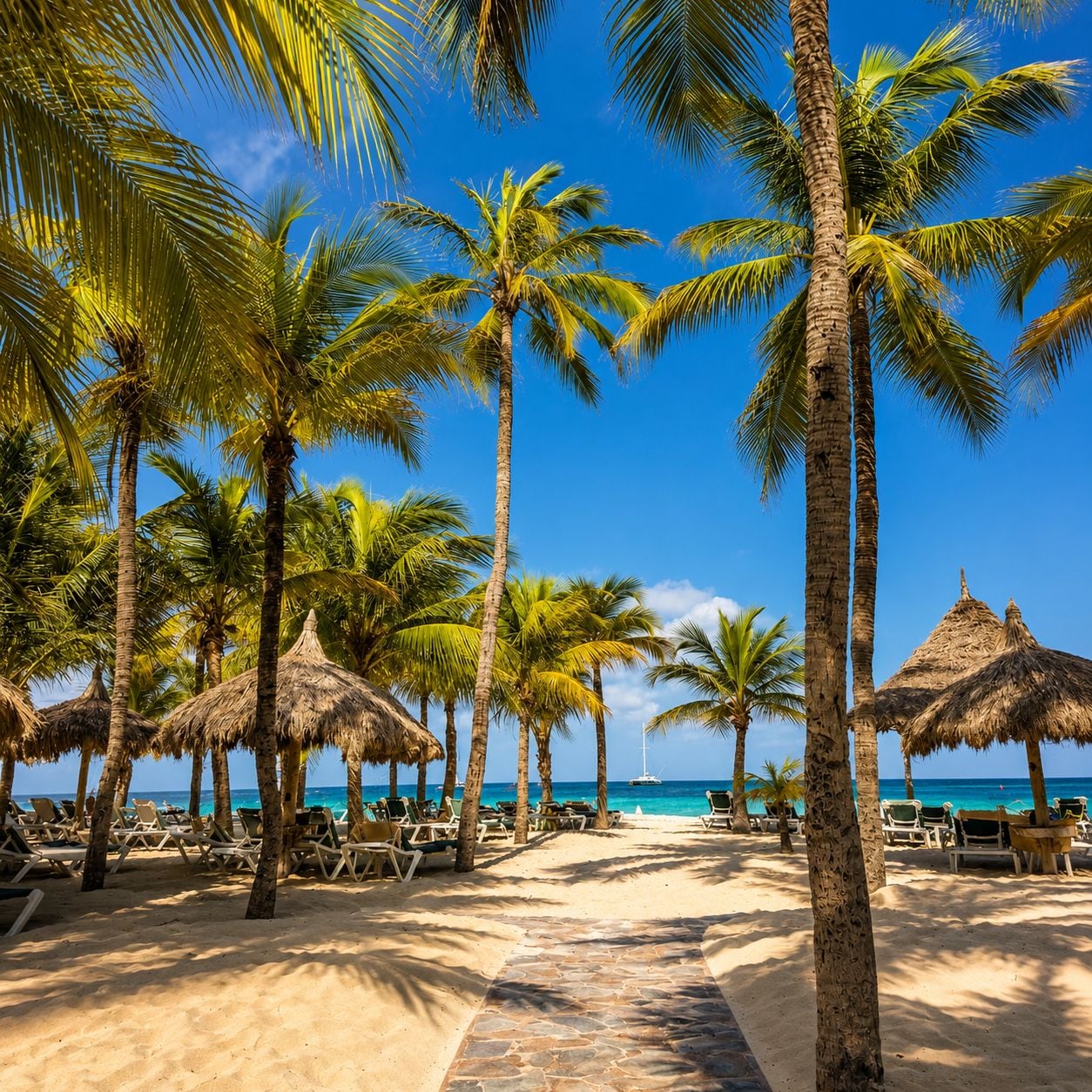 A beach with palm trees, thatched umbrellas, and sun loungers.