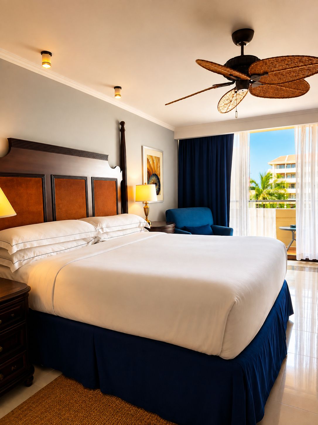 A hotel room with a large bed, a ceiling fan, a view of palm trees, and a balcony.