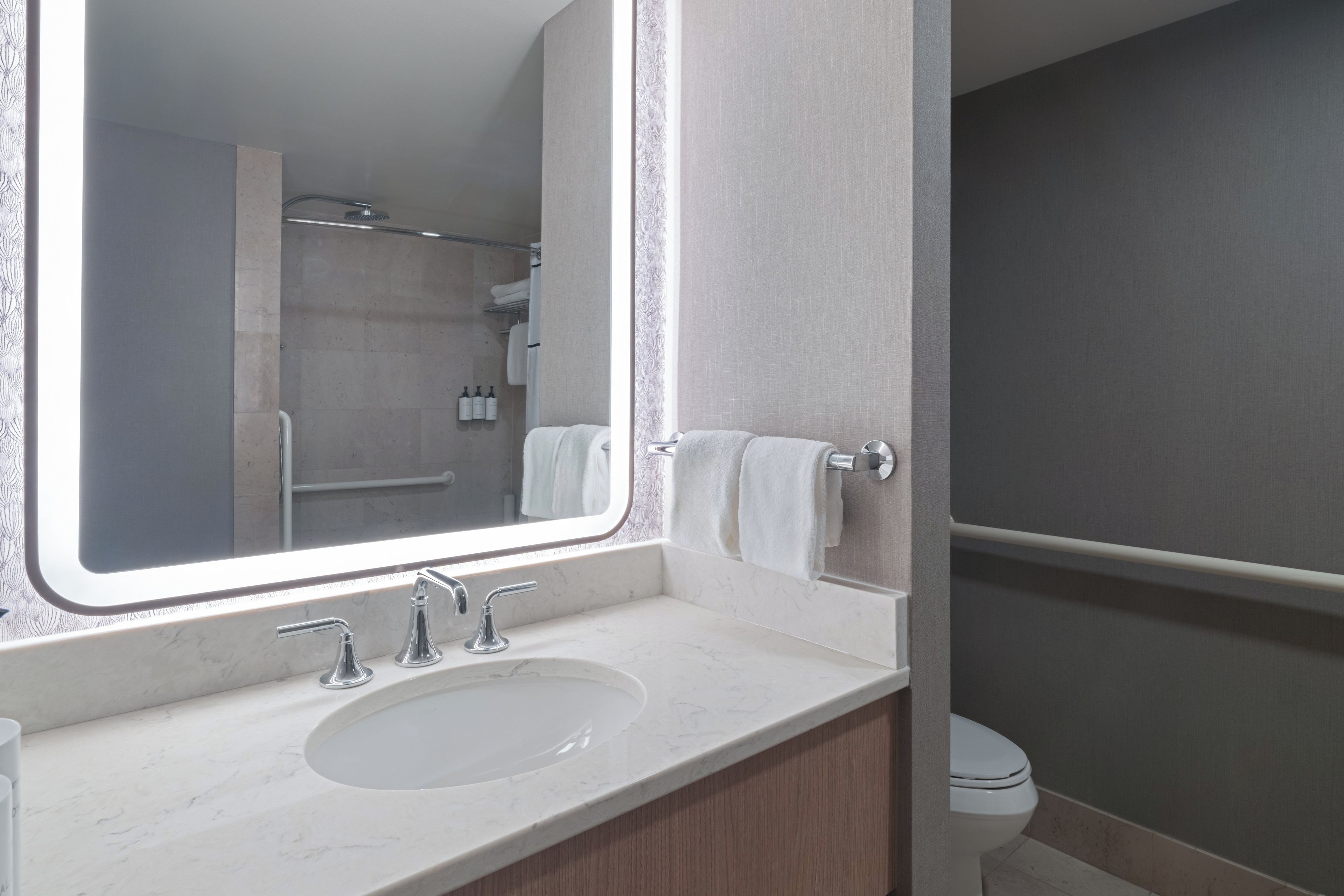 Une salle de bain avec un grand miroir, un lavabo et des toilettes.