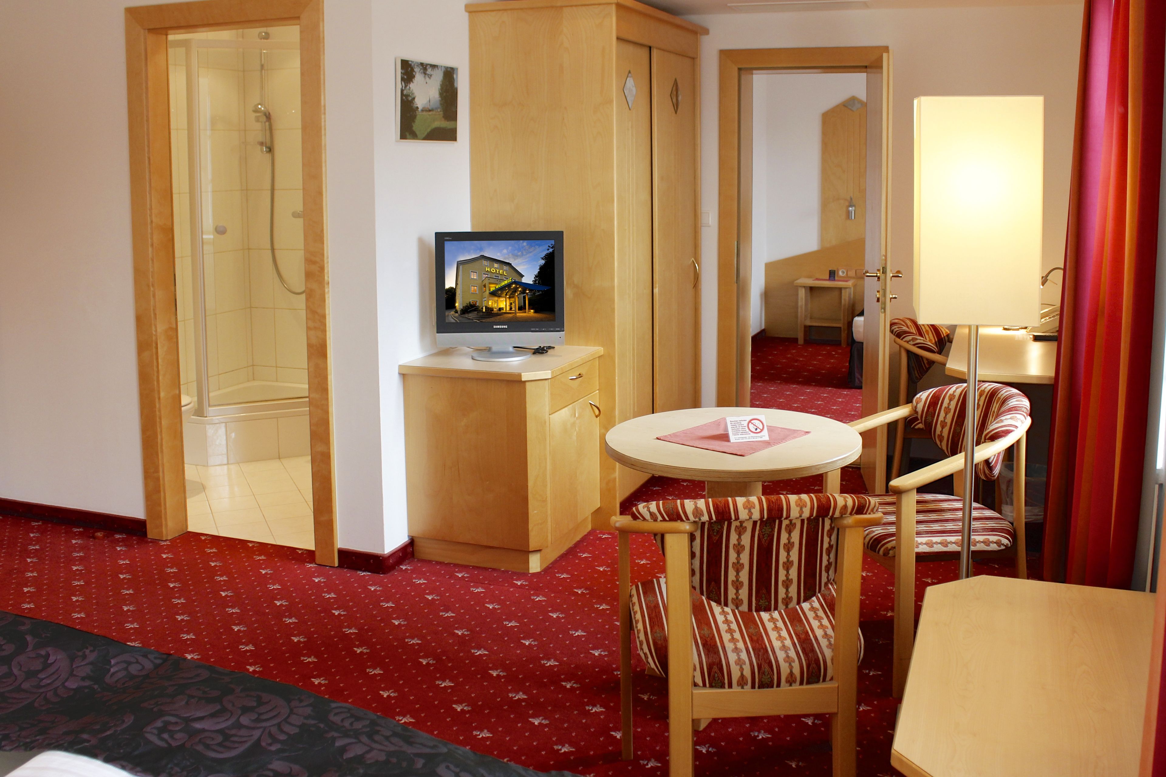 A hotel room with a shower, a television on a wooden cabinet, a small table with a chair, and a red carpeted floor.
