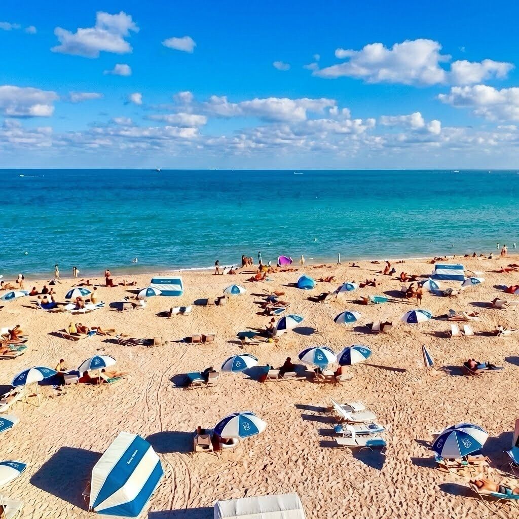 Plage, sable blanc, cabines (en supplément), chaises longues