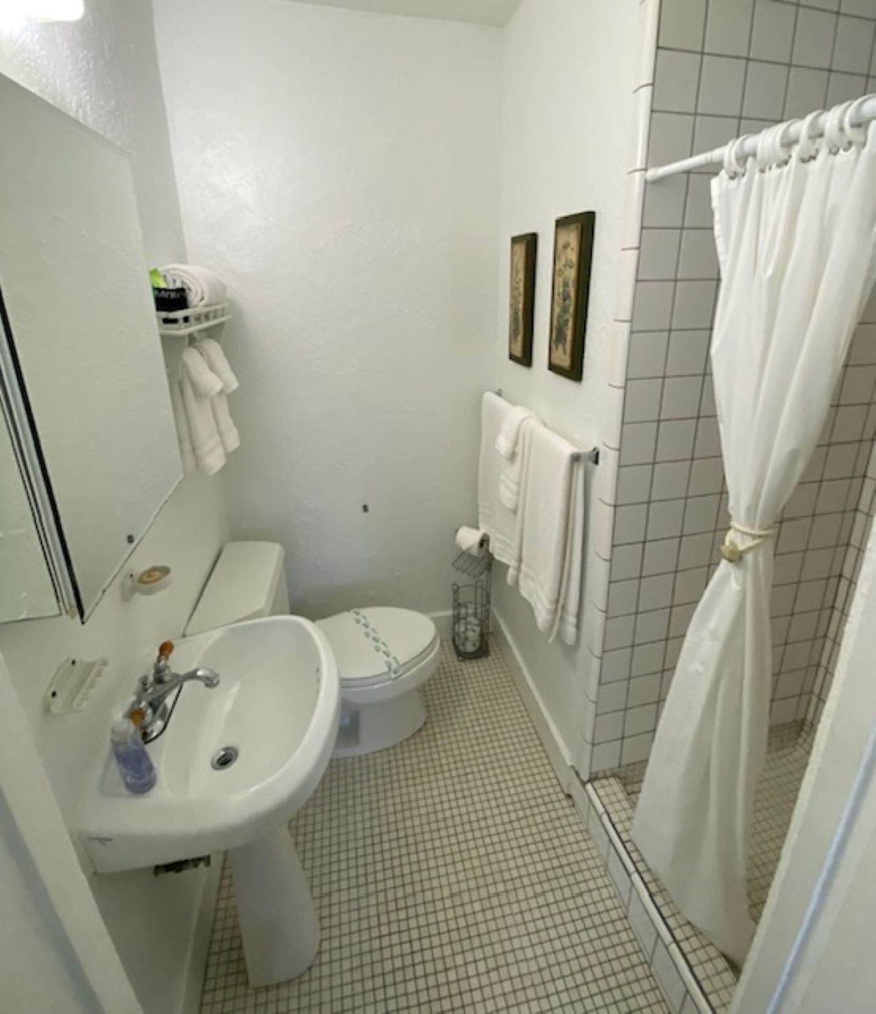 A small, clean bathroom with a white sink, toilet, and shower. There are towels hanging on the wall and a shower curtain.