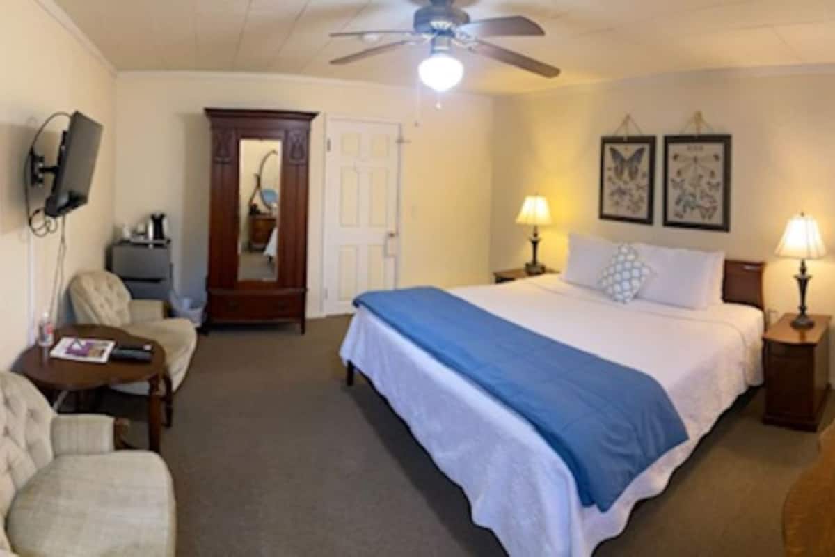 A bedroom with a bed, two bedside tables with lamps, a chair, a desk, a television, a wardrobe, and a ceiling fan.