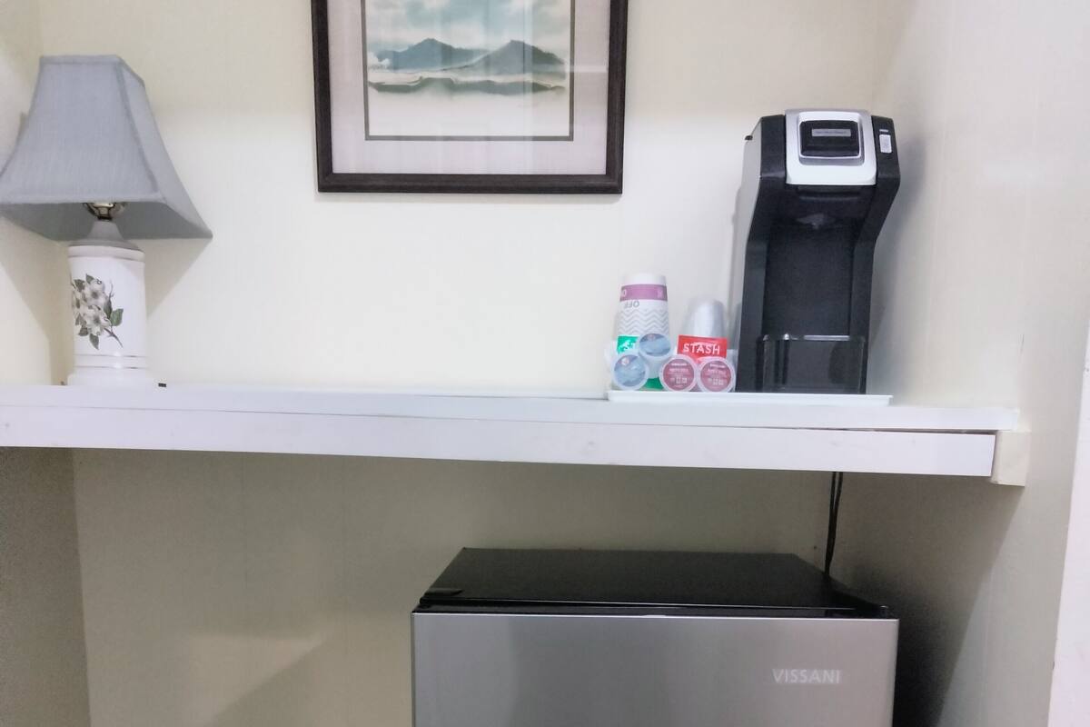 A kitchenette with a VISSANI refrigerator, a coffee maker, and a framed picture on the wall.