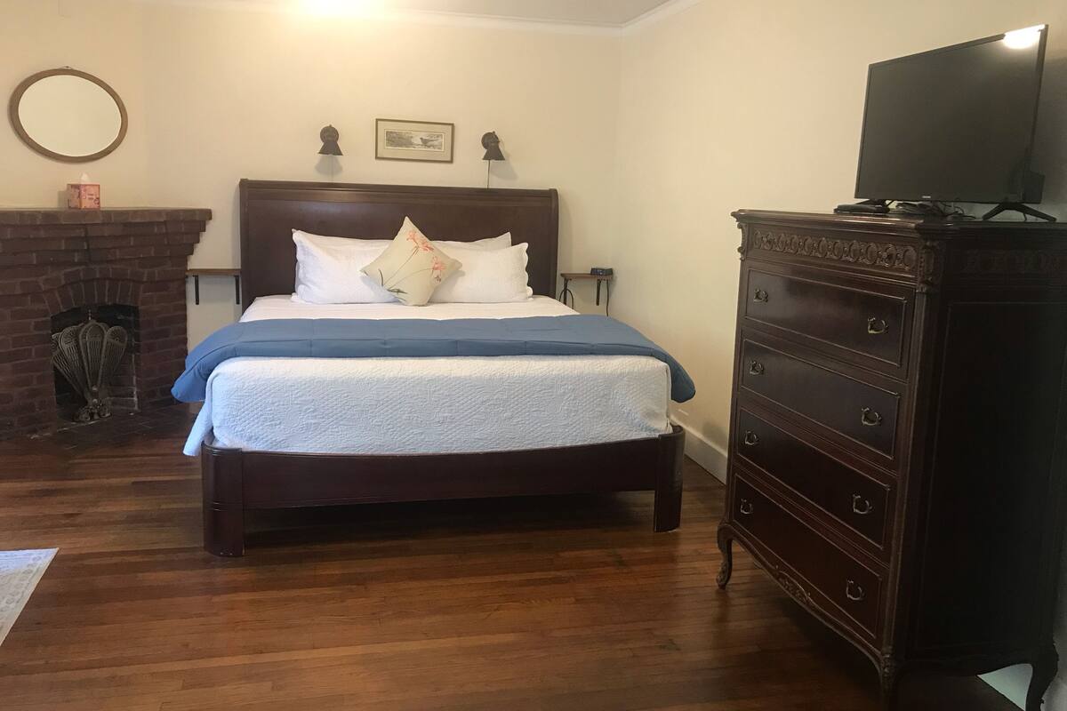 A bedroom with a wooden bed, a dresser, a television, a fireplace, and a wall-mounted mirror.