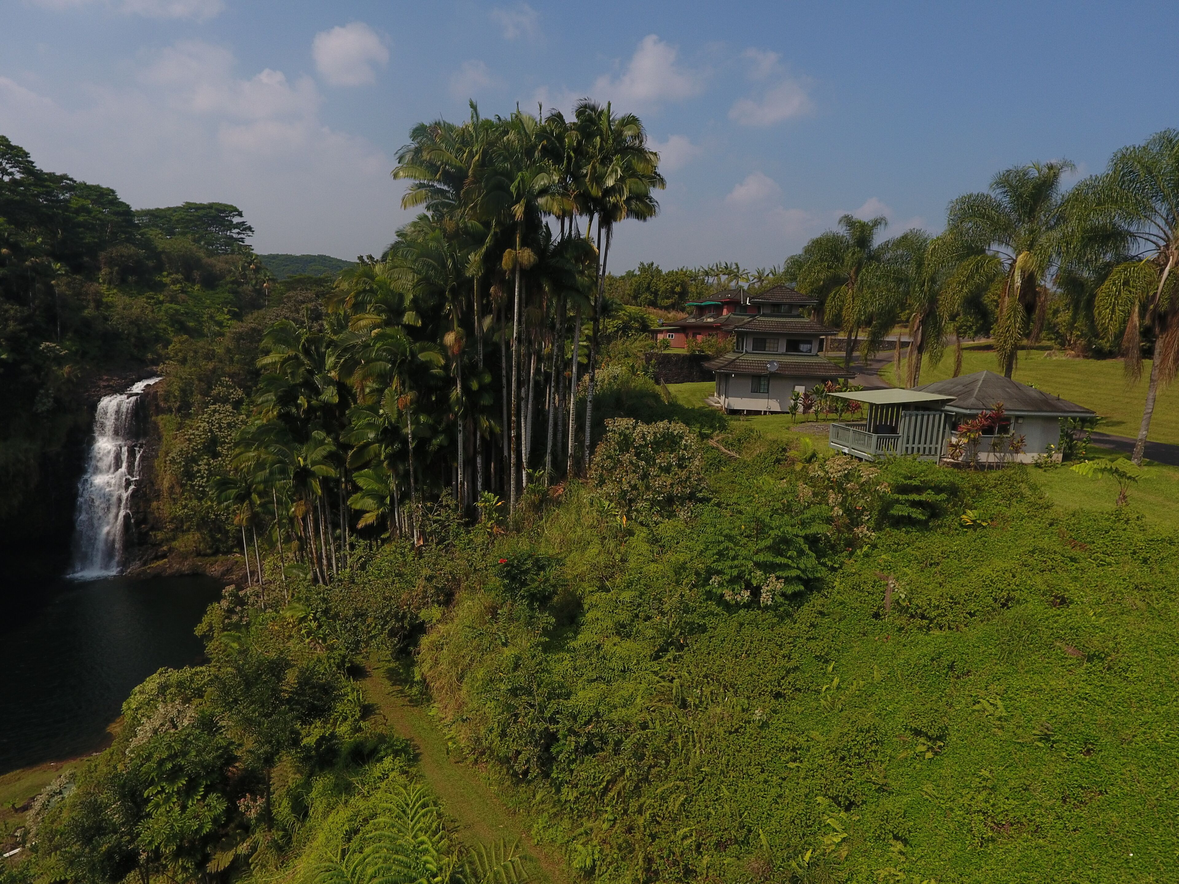 A lush landscape with a waterfall, dense greenery, and a few houses.