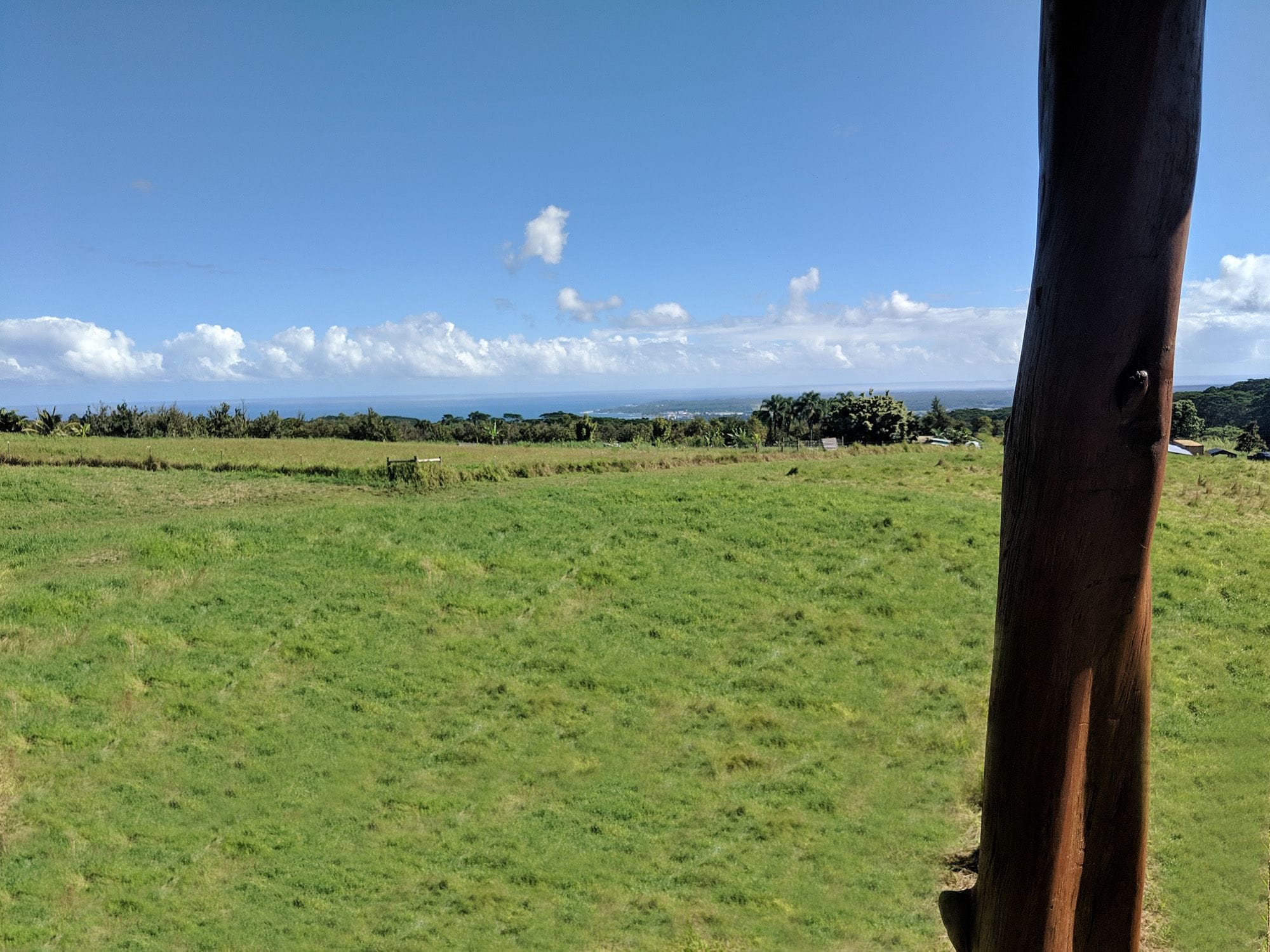 A grassy field with a wooden post in the foreground.
