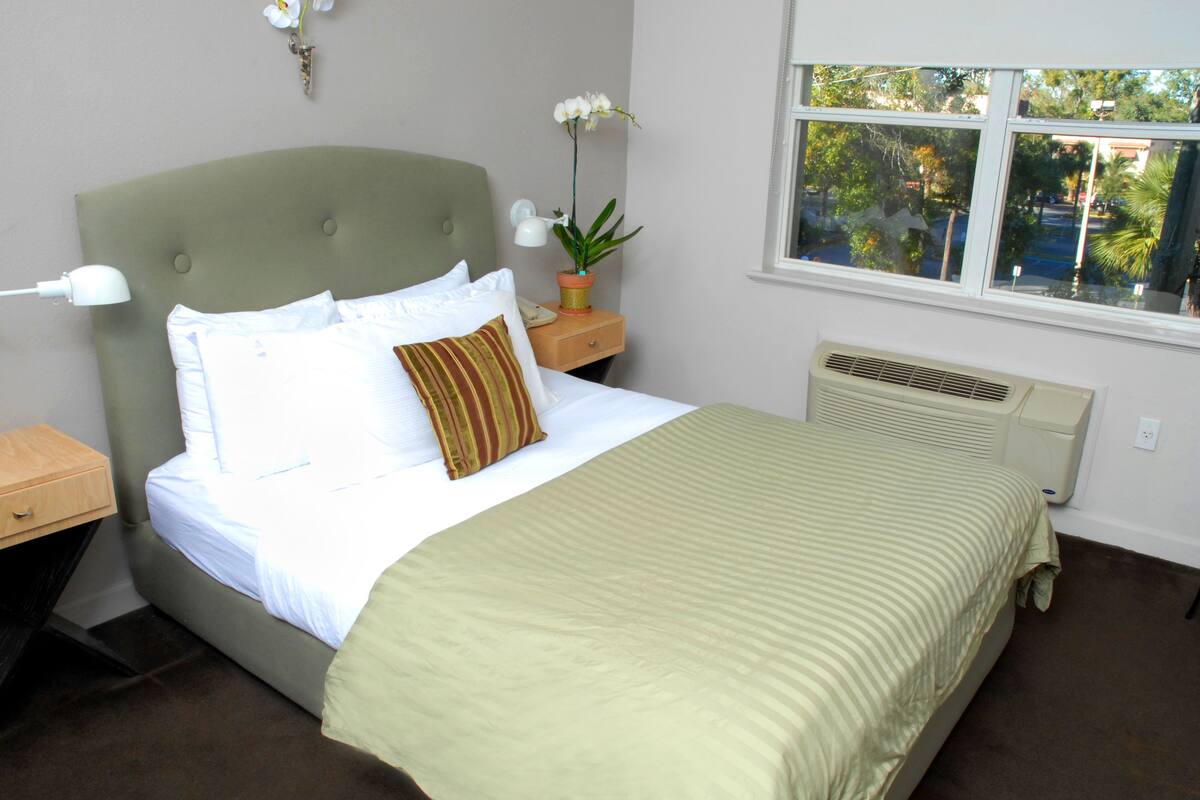 Un lit bien fait, avec une tête de lit verte, du linge de lit blanc et une couverture à rayures. On aperçoit une table de chevet avec une lampe et une petite plante en pot. Une fenêtre donne sur des arbres et un immeuble.