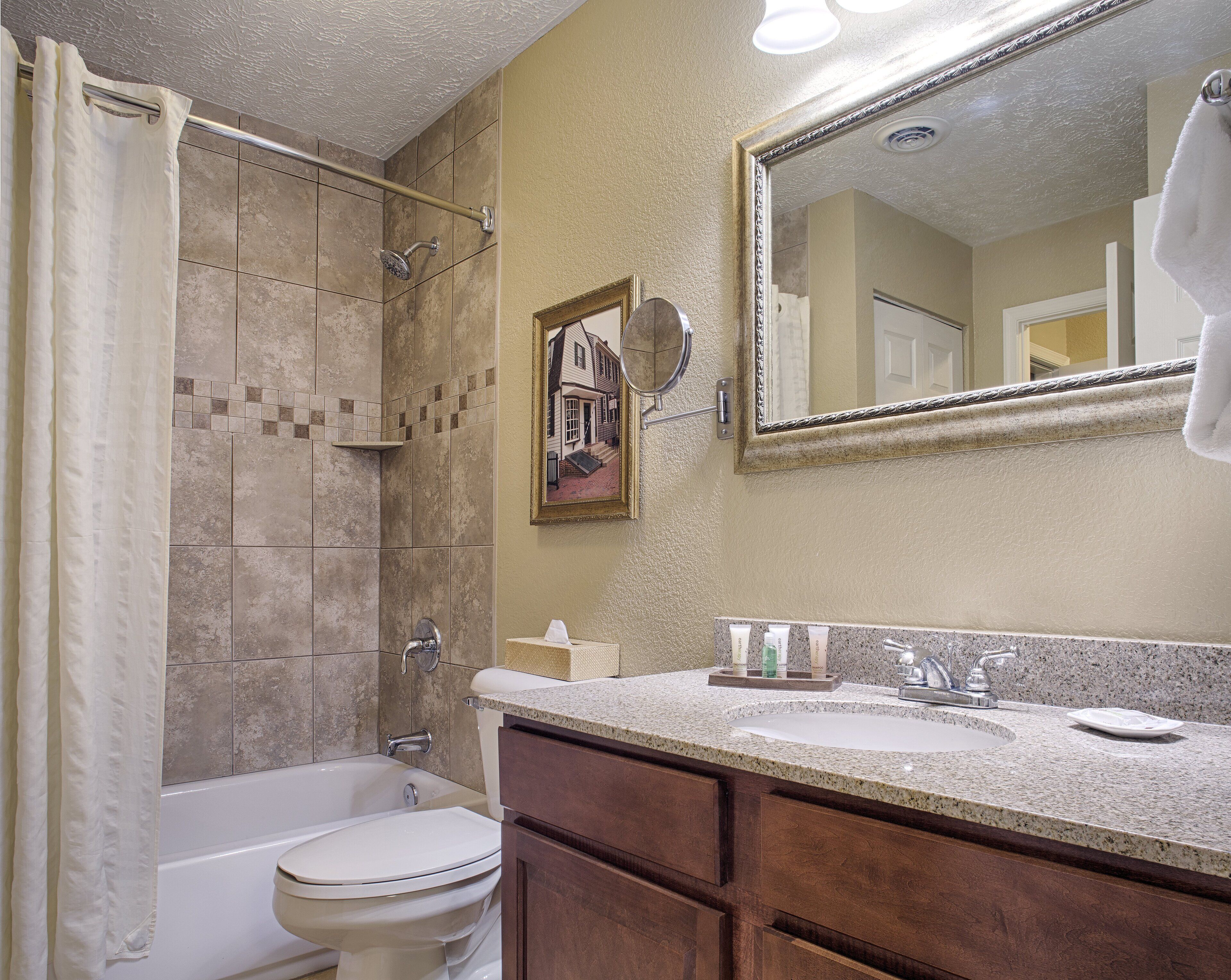 combined shower/bathtub, free toiletries, hair dryer, towels