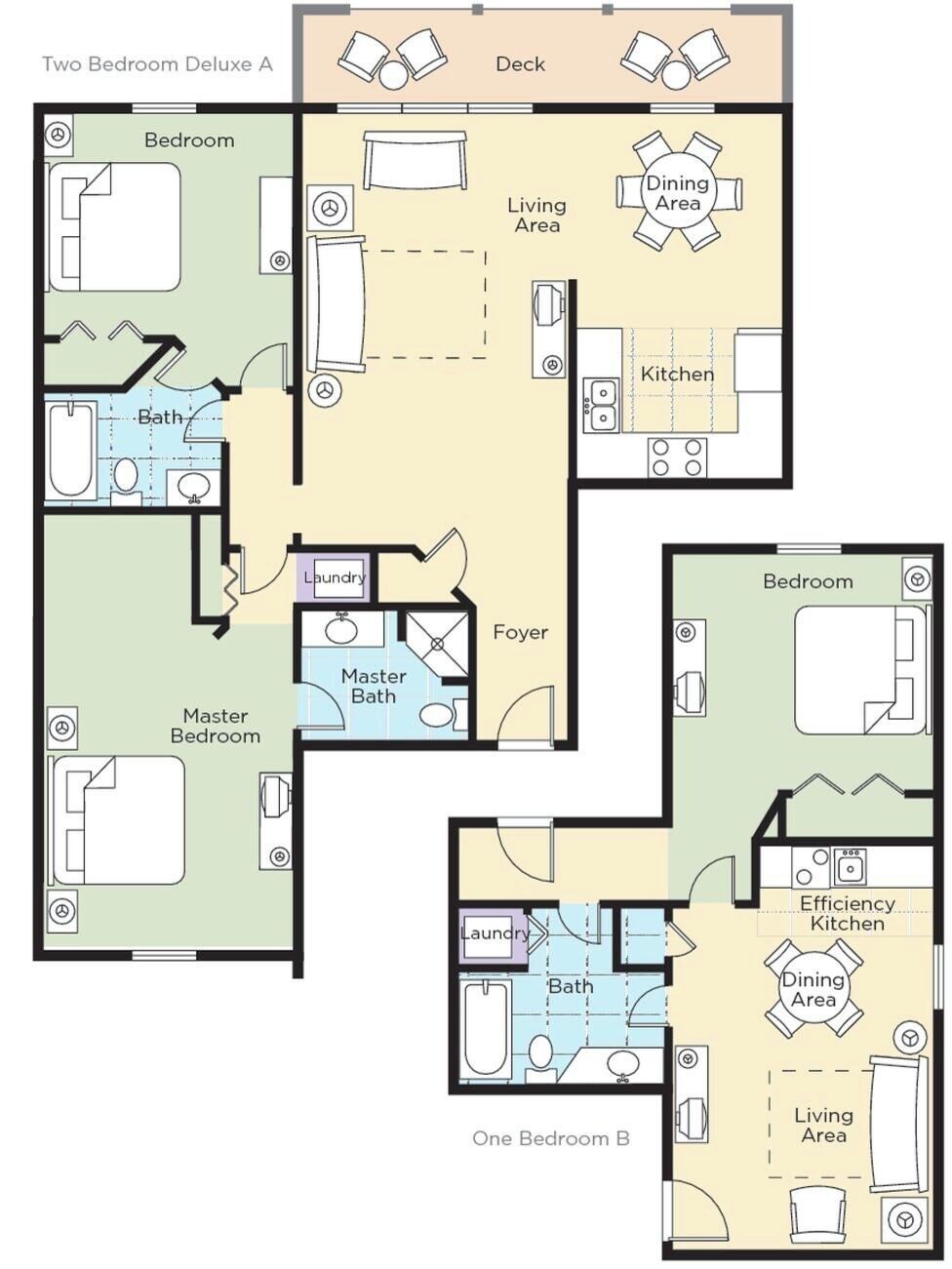 A floor plan of a three-bedroom lockoff hotel with separate living areas, a master bedroom, a two-bedroom deluxe, and a one-bedroom.