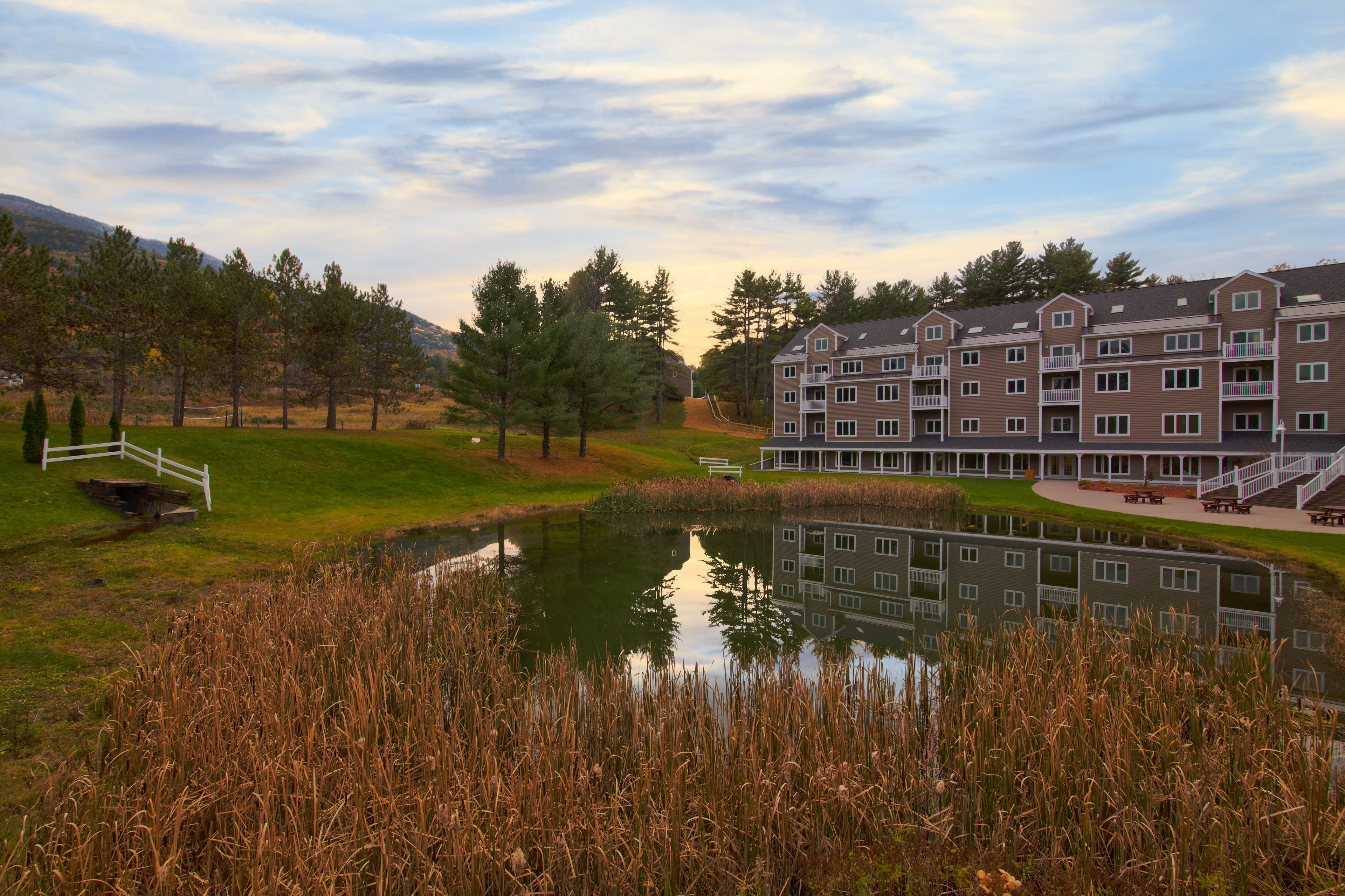 A residential building with multiple balconies, a small pond, and a grassy area with trees.
