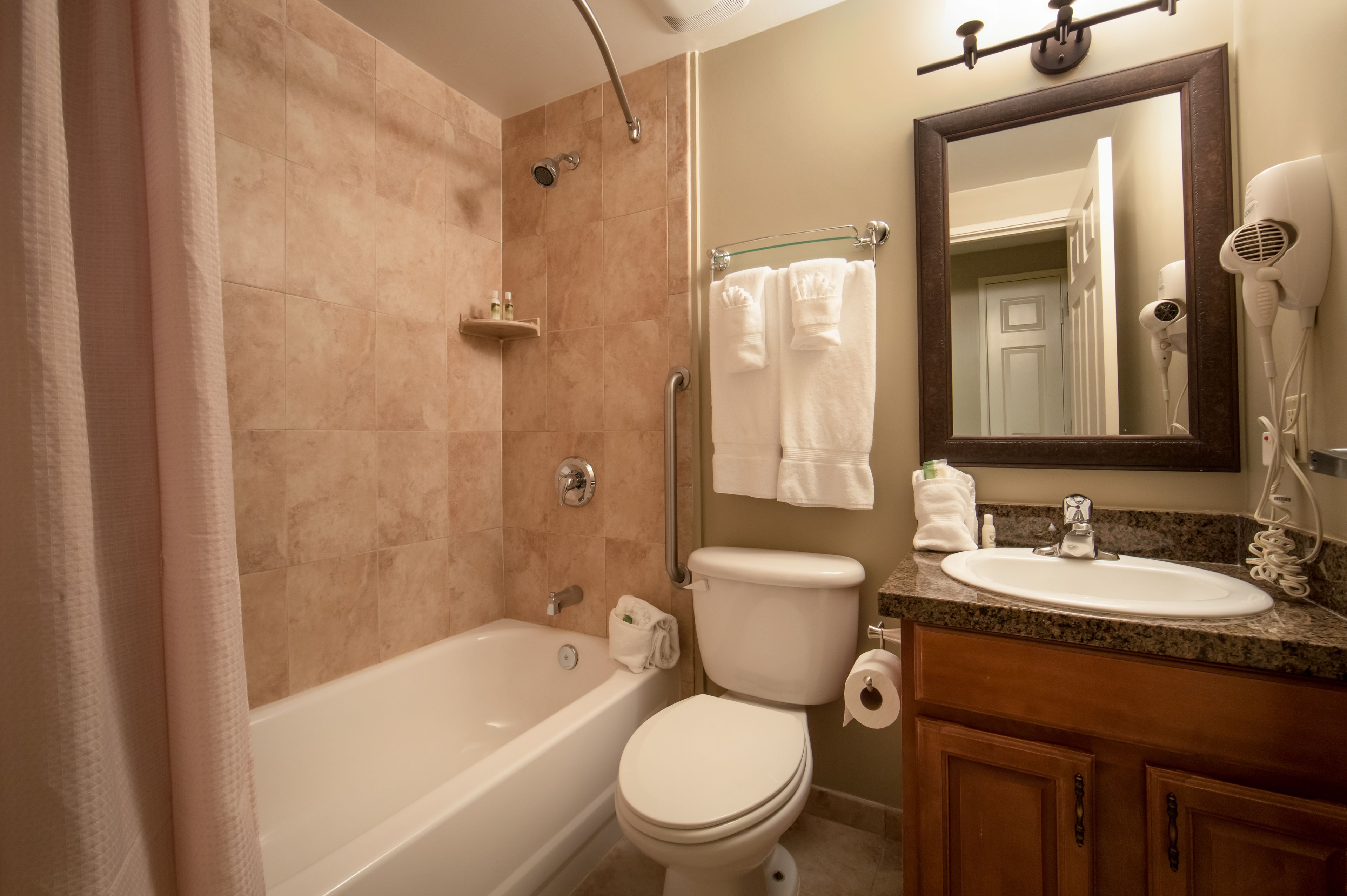 combined shower/bathtub, free toiletries, hair dryer, towels